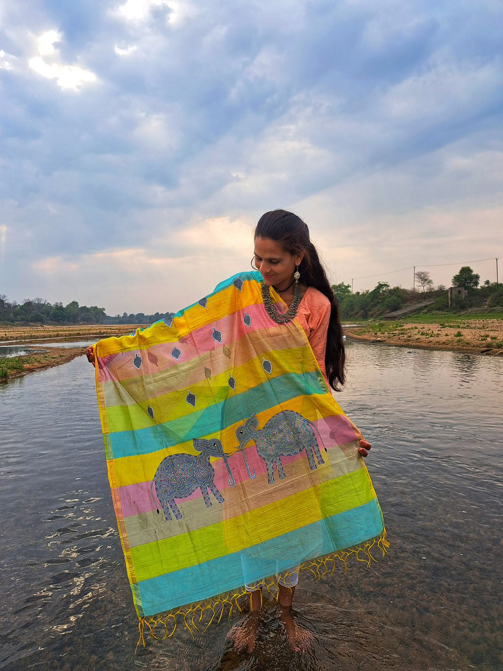 Original Gond Handpainted Handloom Maheshwari Silk Zari Work Dupatta with Tassels