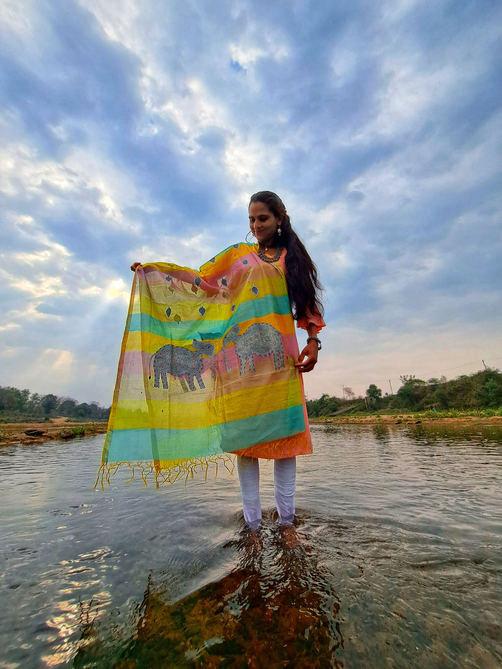 Original Gond Handpainted Handloom Maheshwari Silk Zari Work Dupatta with Tassels