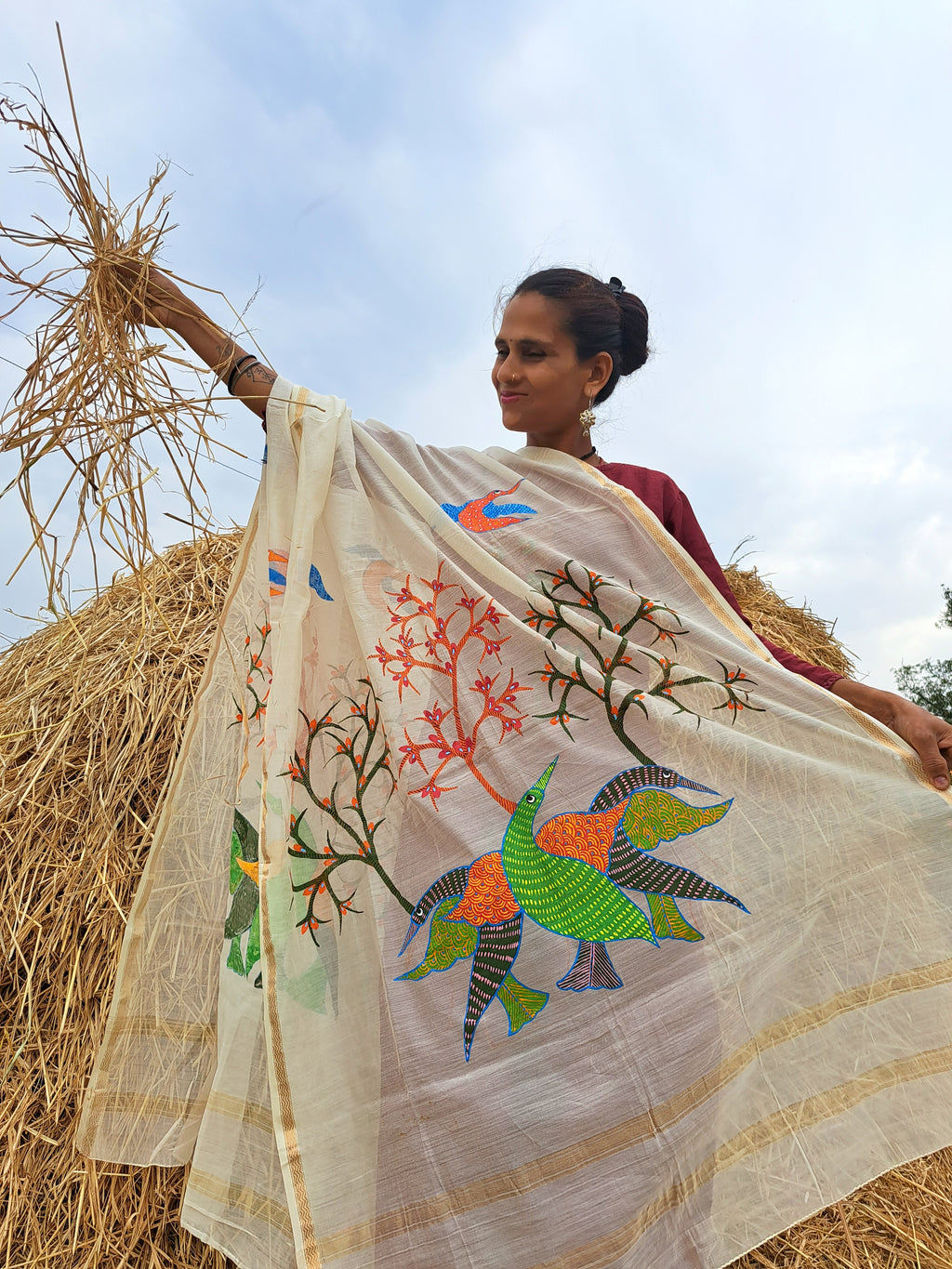 Original Gond Handpainted Handloom Chanderi Silk Zari Work Dupatta with Tassels