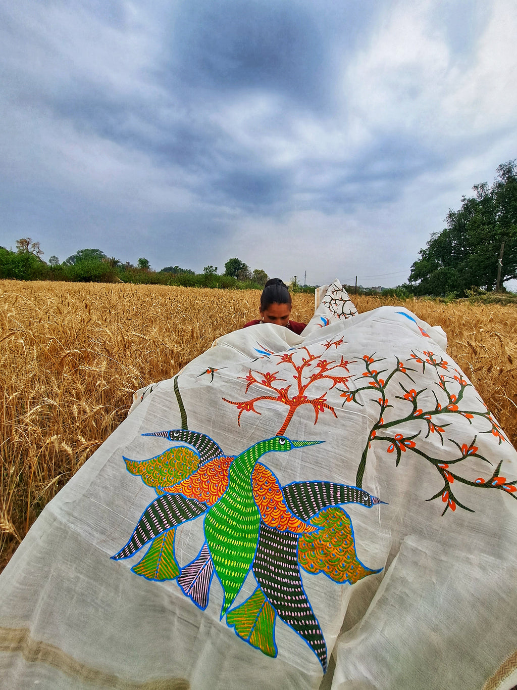 Original Gond Handpainted Handloom Chanderi Silk Zari Work Dupatta with Tassels
