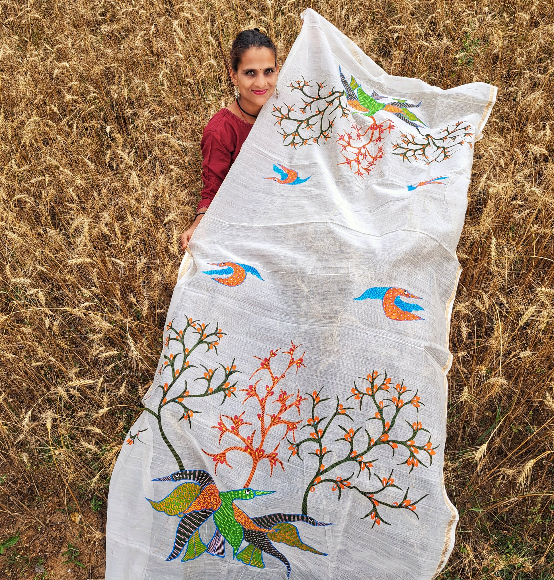 Original Gond Handpainted Handloom Chanderi Silk Zari Work Dupatta with Tassels
