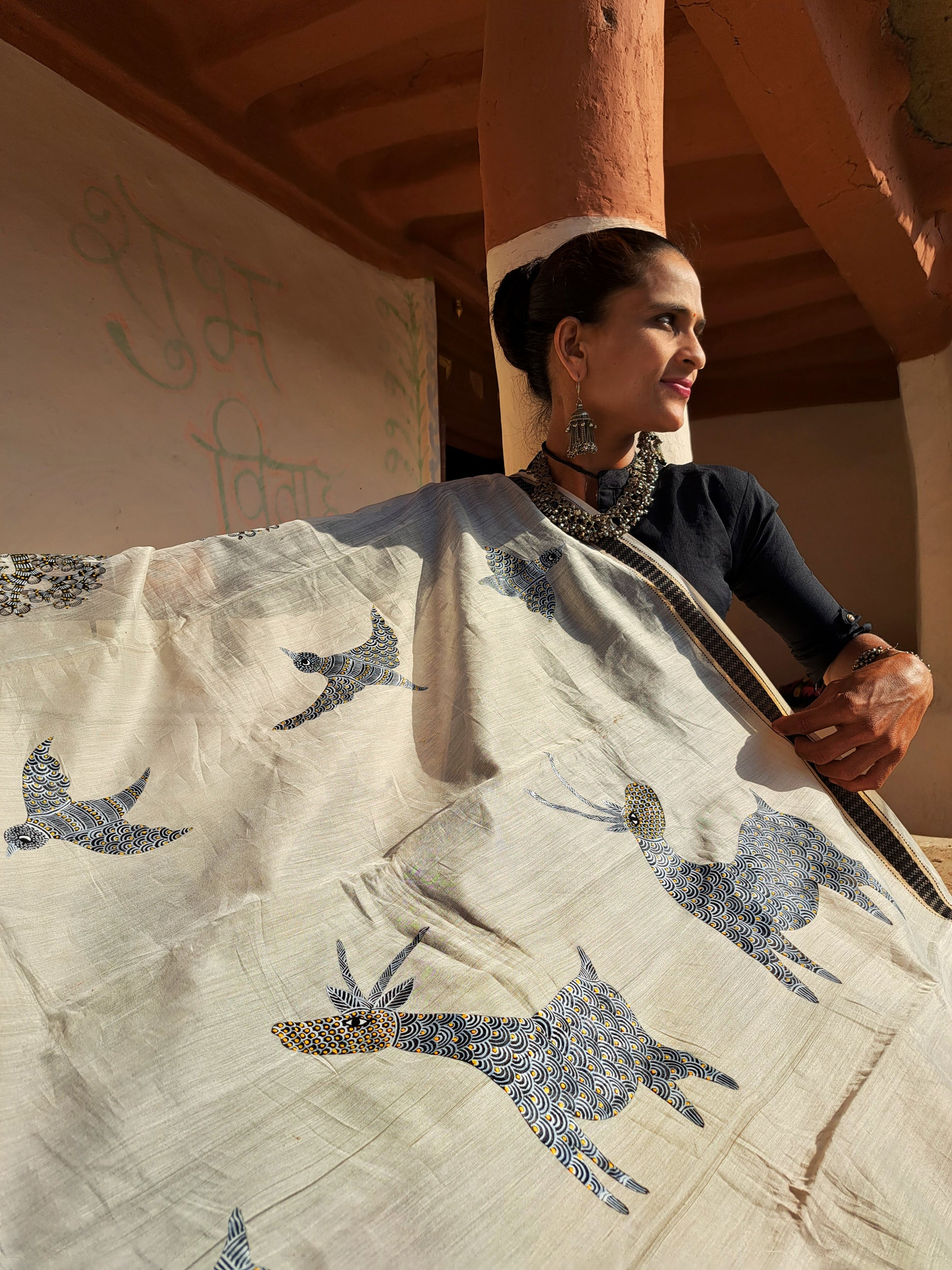 Original Gond Handpainted Handloom Maheshwari Silk Dupatta with Tassels