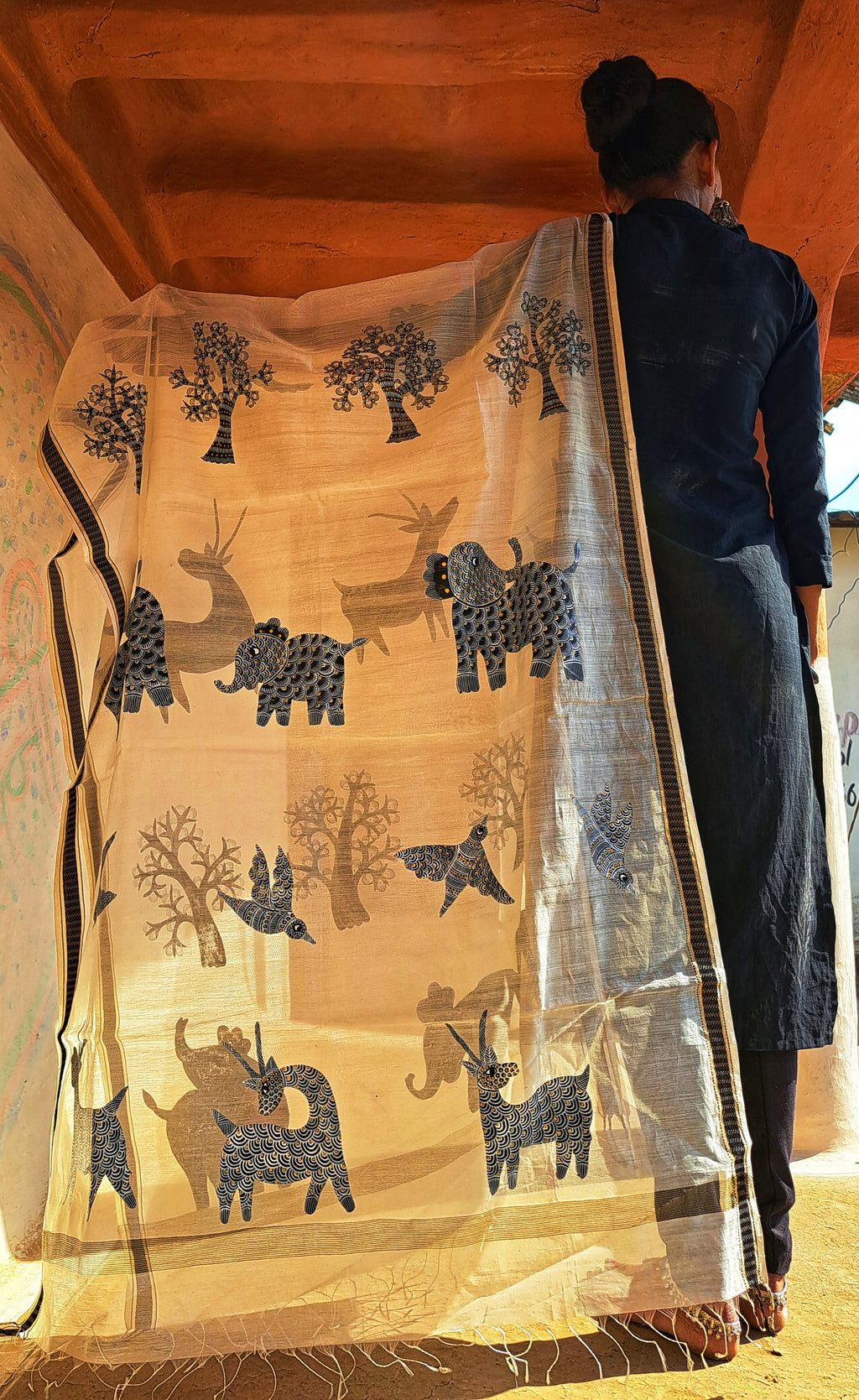 Original Gond Handpainted Handloom Maheshwari Silk Dupatta with Tassels