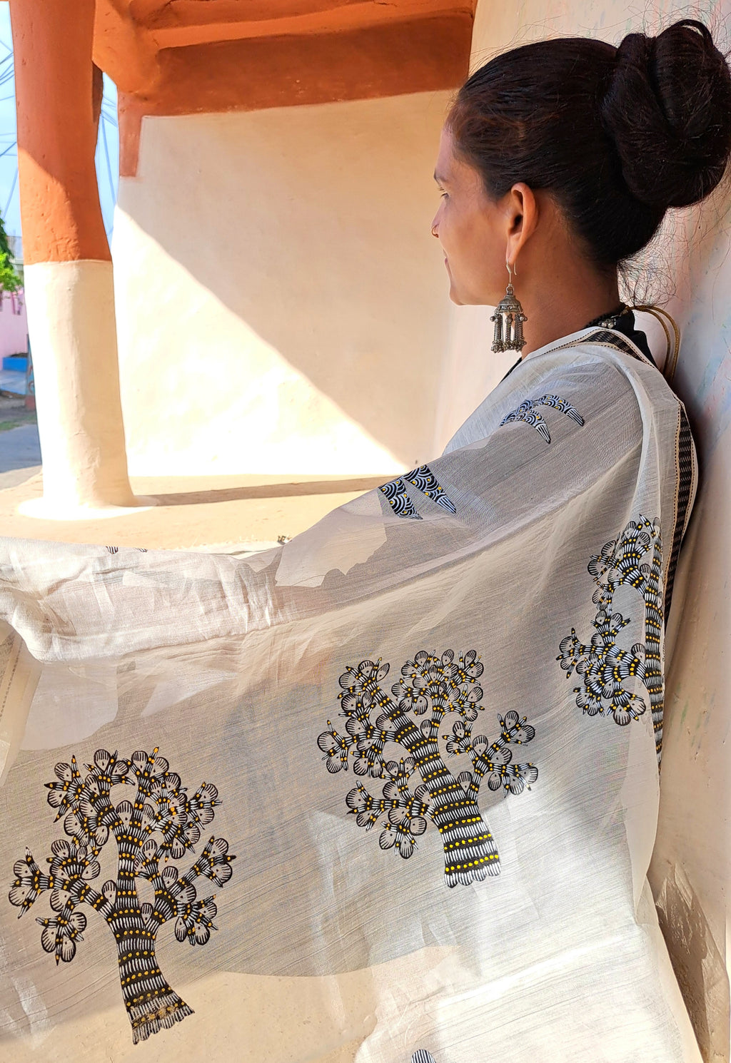 Original Gond Handpainted Handloom Maheshwari Silk Dupatta with Tassels
