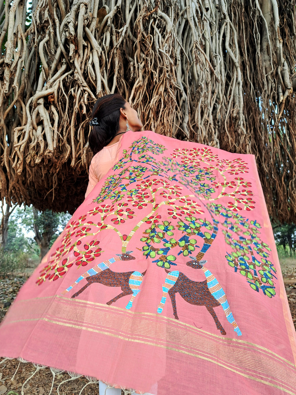 Original Gond Handpainted Handloom Maheshwari Silk Cotton Stole With Tassels