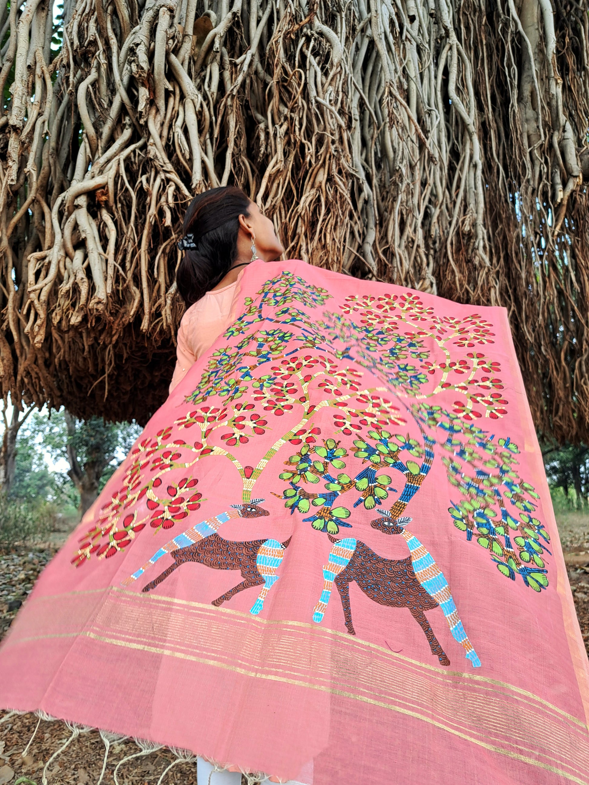 Original Gond Handpainted Handloom Maheshwari Silk Cotton Stole With Tassels