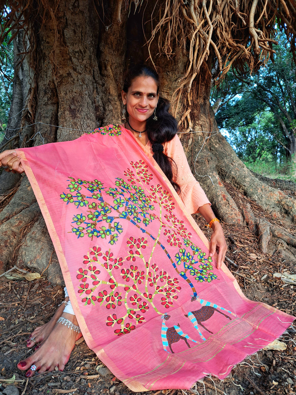 Original Gond Handpainted Handloom Maheshwari Silk Cotton Stole With Tassels