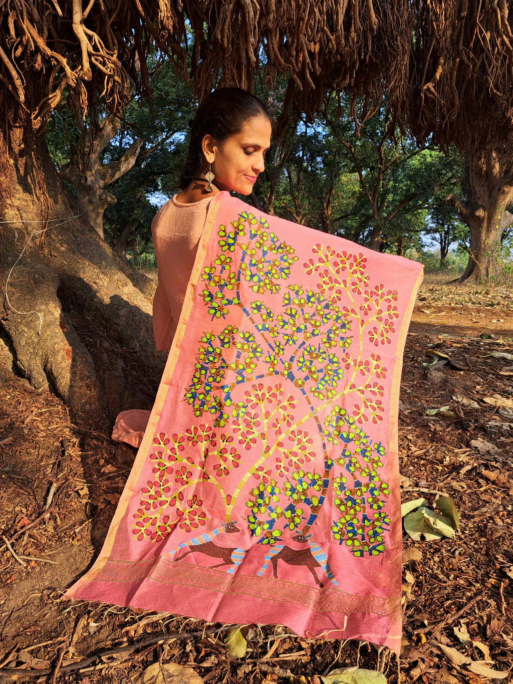 Original Gond Handpainted Handloom Maheshwari Silk Cotton Stole With Tassels