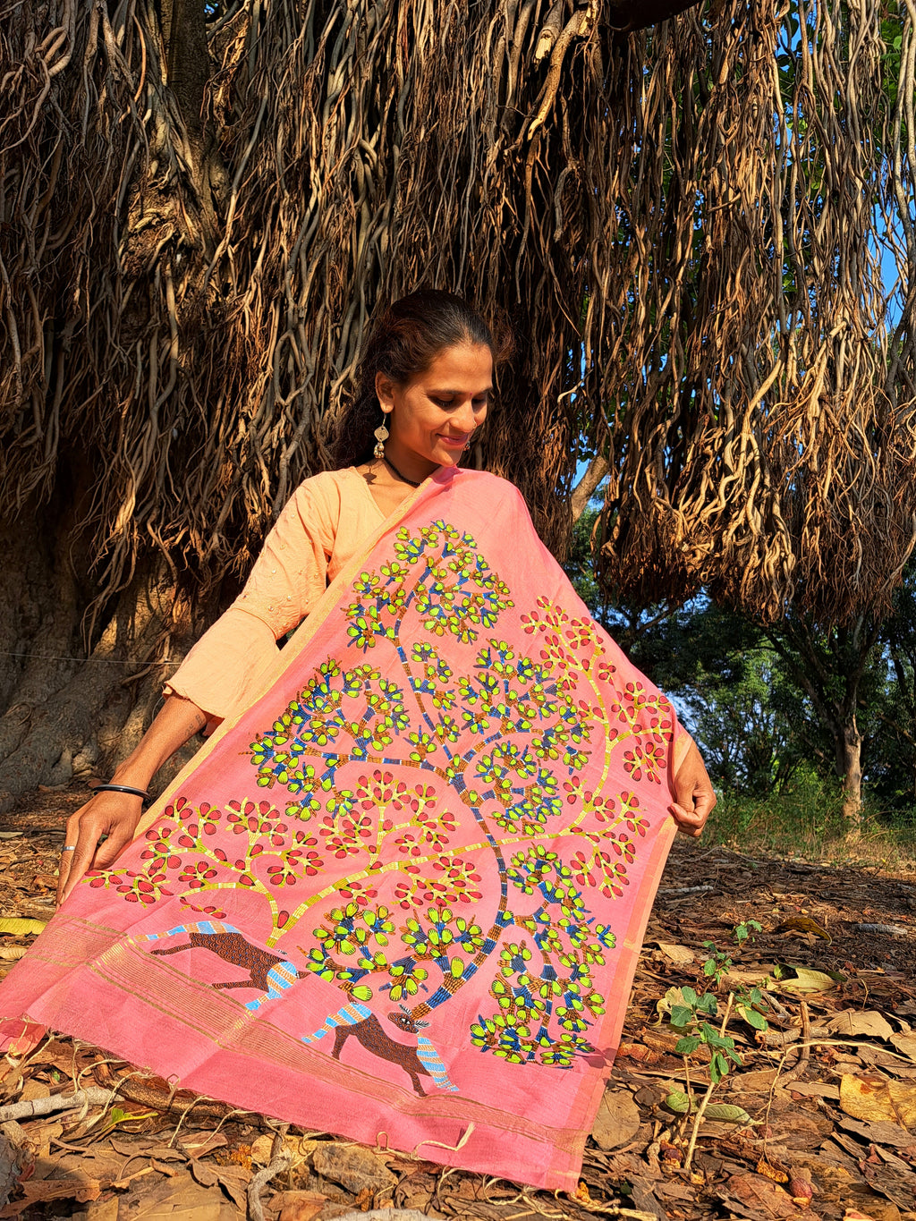 Original Gond Handpainted Handloom Maheshwari Silk Cotton Stole With Tassels