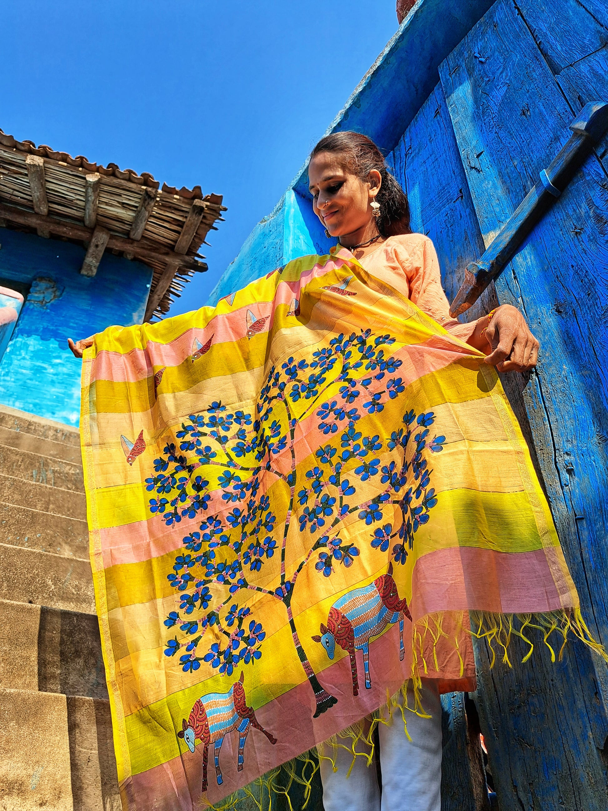 Original Gond Handpainted Handloom Maheshwari Silk Zari Work Dupatta with Tassels