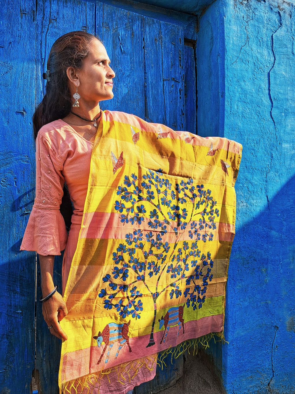 Original Gond Handpainted Handloom Maheshwari Silk Zari Work Dupatta with Tassels