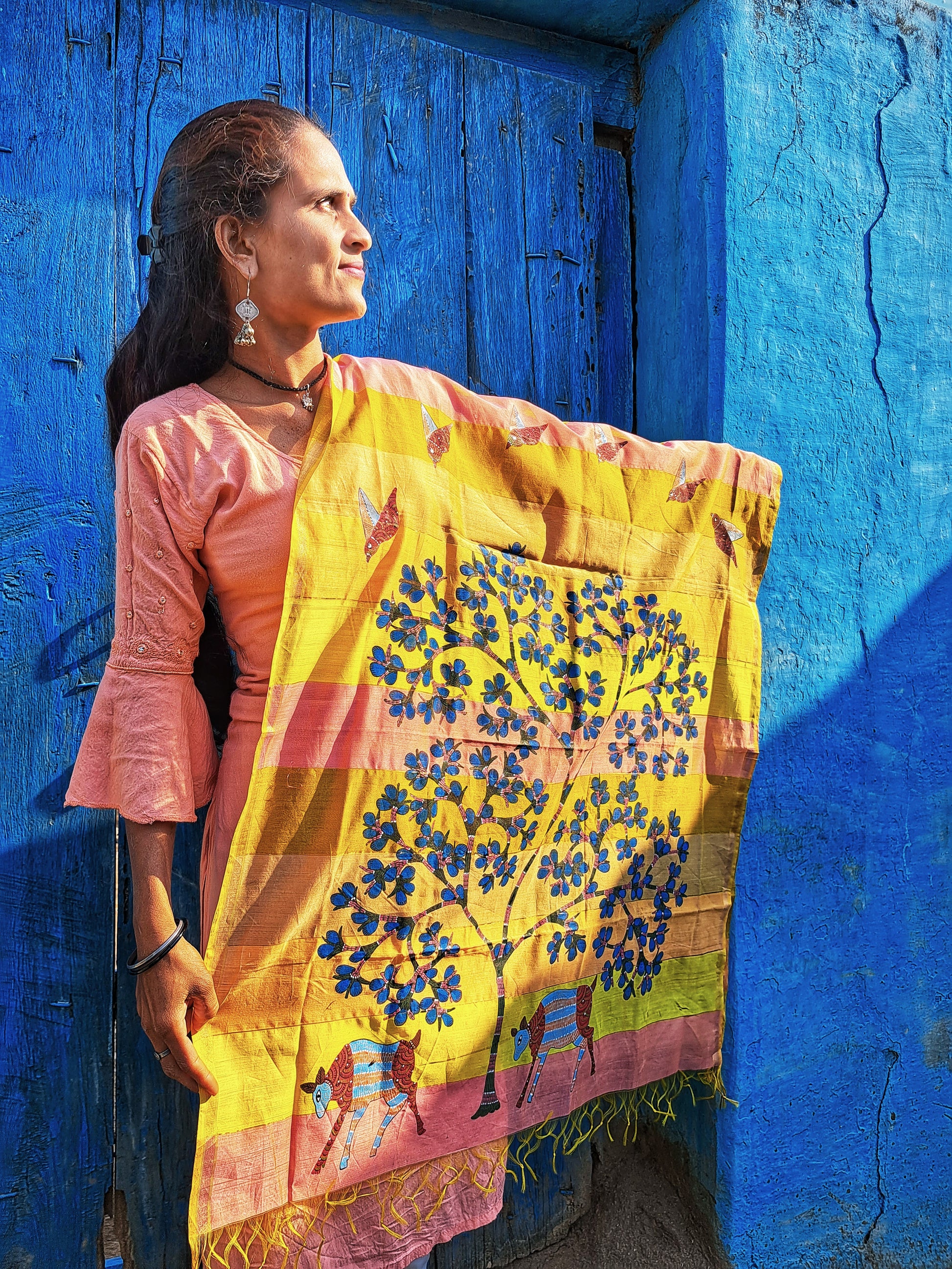 Original Gond Handpainted Handloom Maheshwari Silk Zari Work Dupatta with Tassels