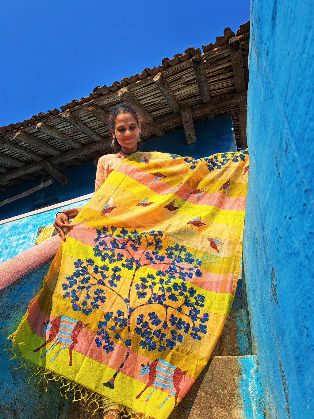 Original Gond Handpainted Handloom Maheshwari Silk Zari Work Dupatta with Tassels