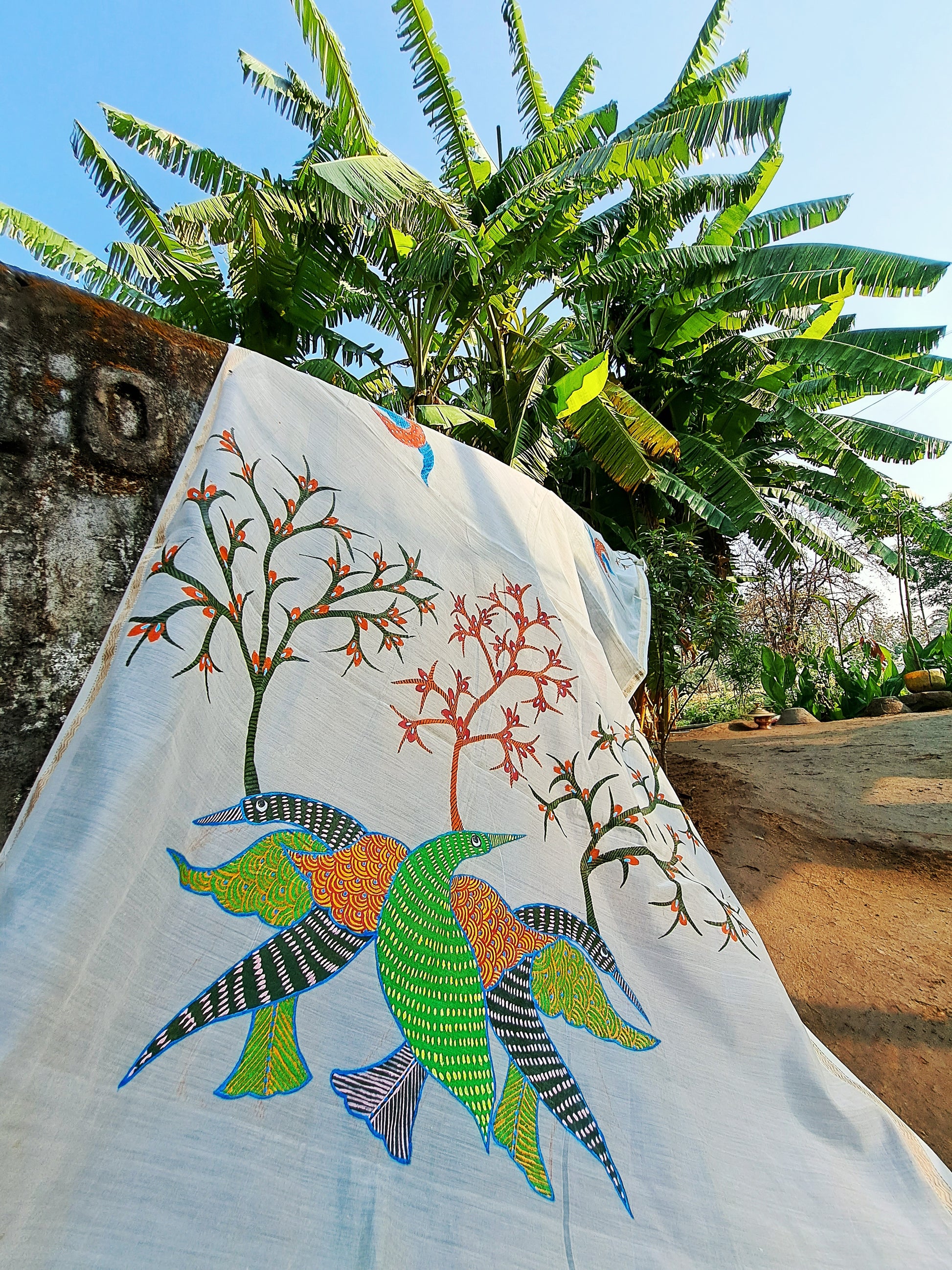 Original Gond Handpainted Handloom Chanderi Silk Zari Work Dupatta with Tassels