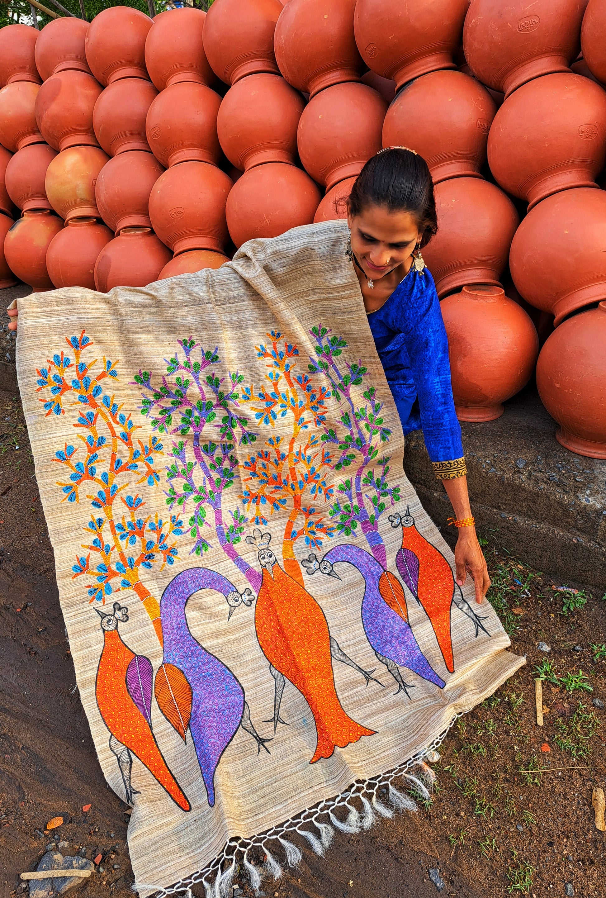 Original Gond Handpainted Handloom Kosa Dupatta with Tassels