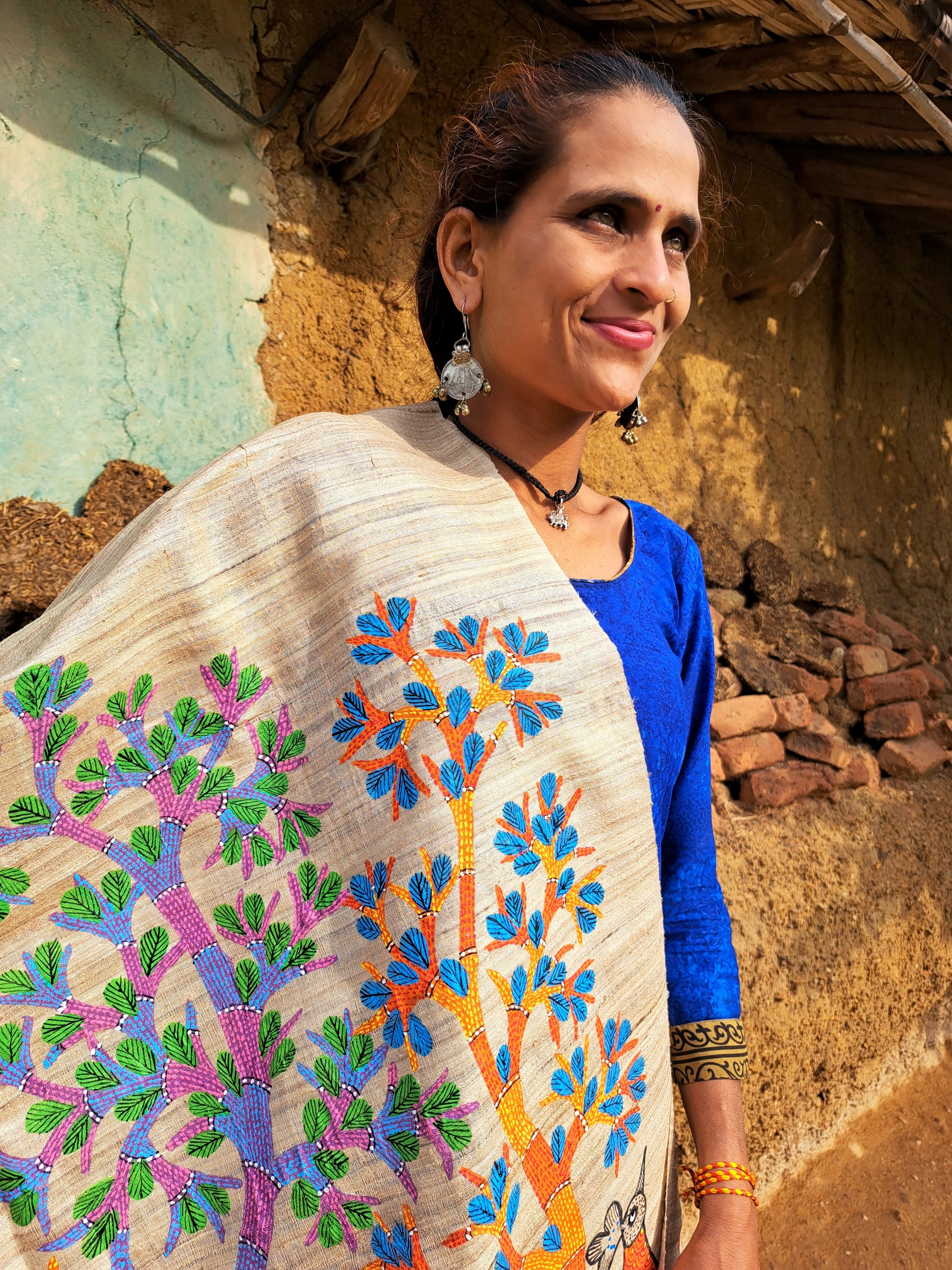 Original Gond Handpainted Handloom Kosa Dupatta with Tassels