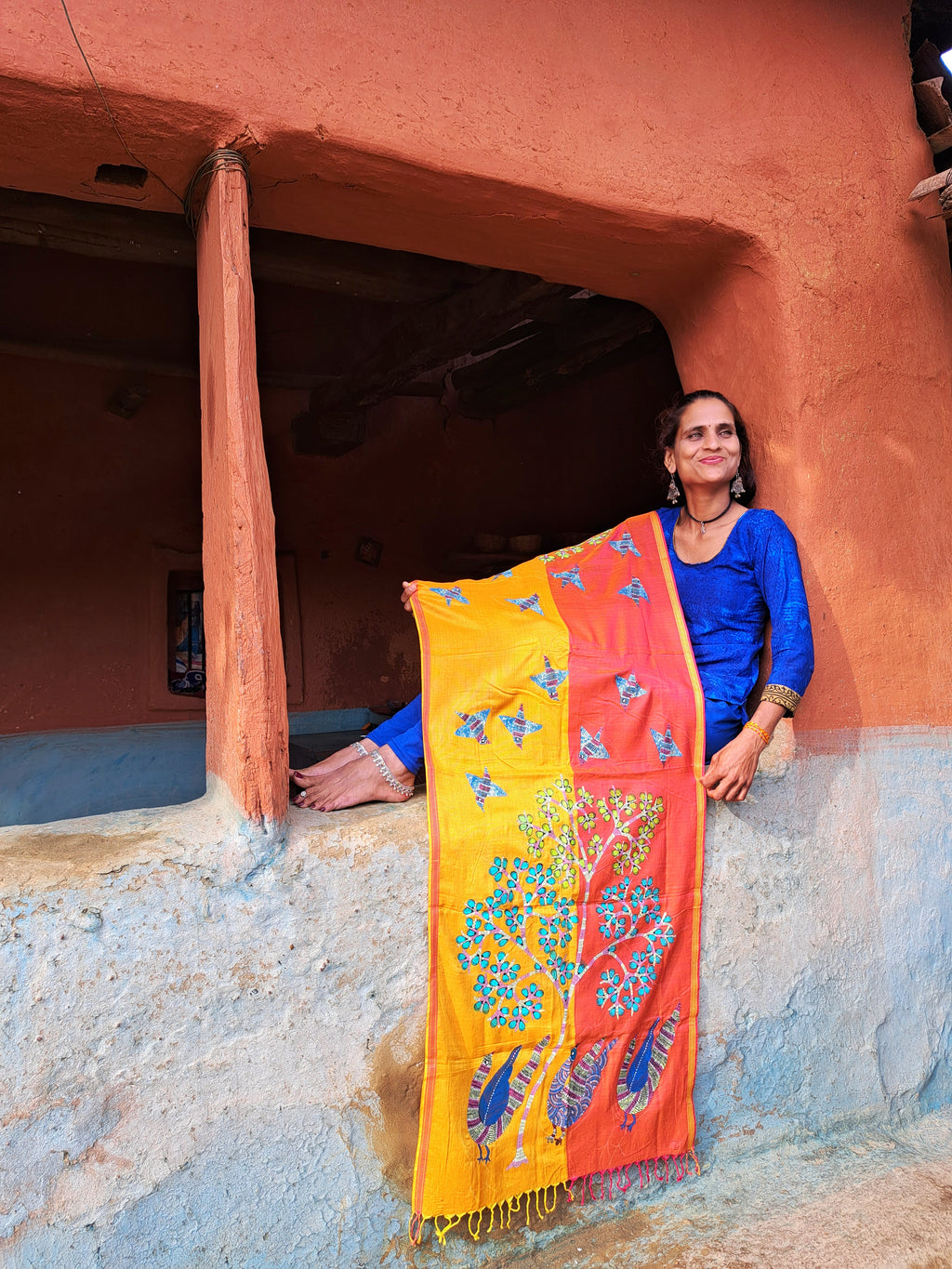 Original Gond Handpainted Handloom Maheshwari Cotton Stole With Tassels
