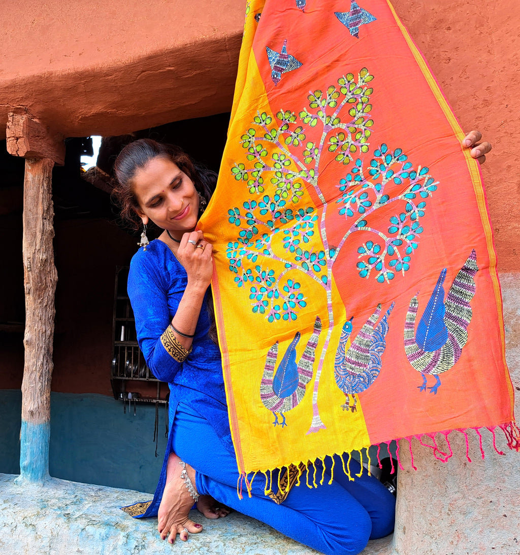 Original Gond Handpainted Handloom Maheshwari Cotton Stole With Tassels