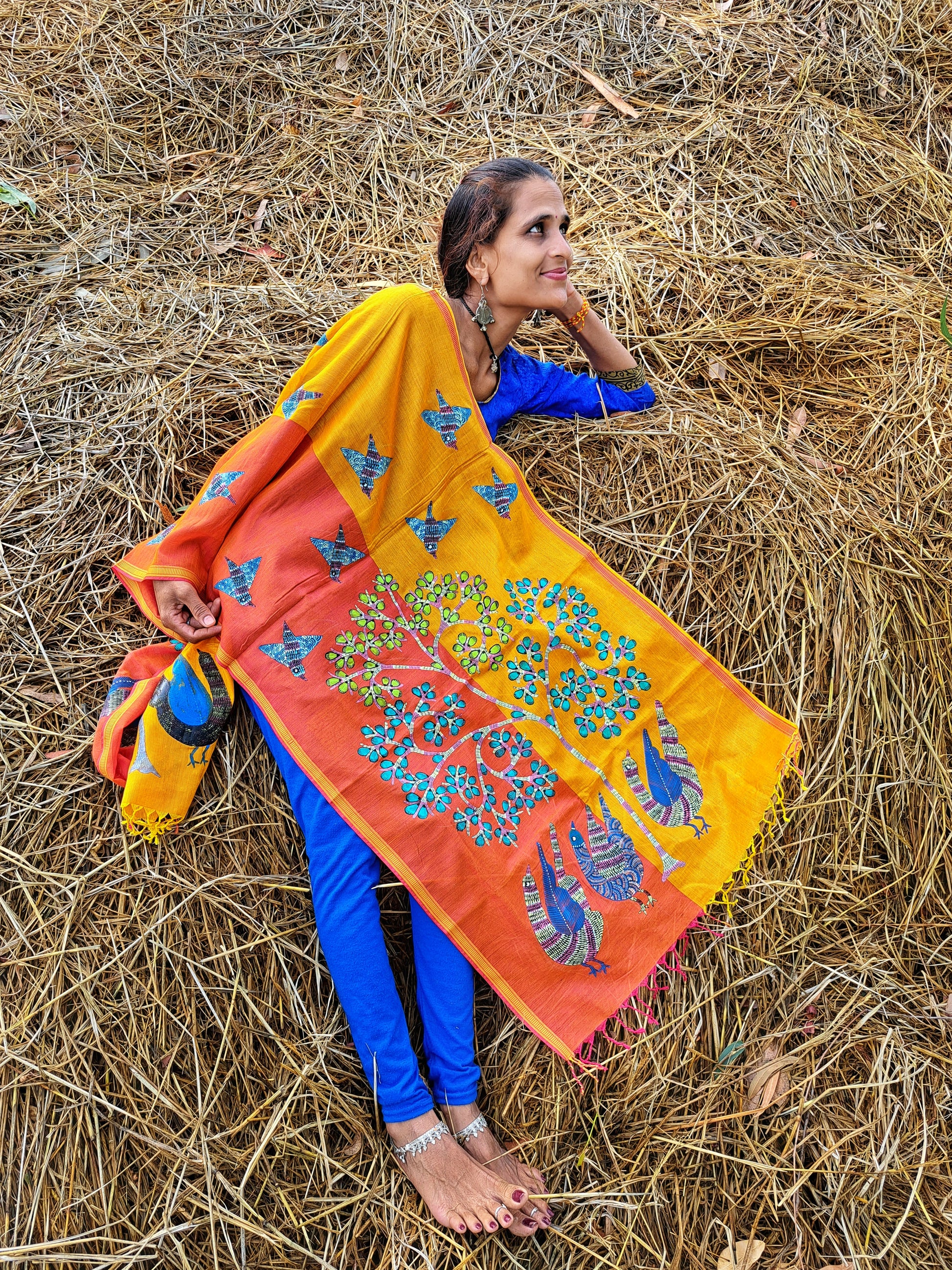 Original Gond Handpainted Handloom Maheshwari Cotton Stole With Tassels