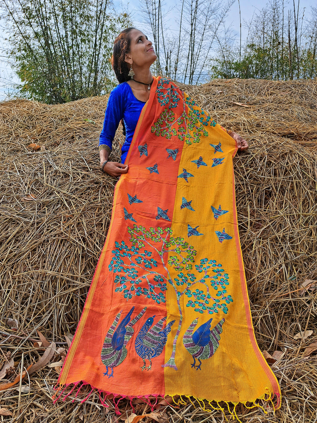 Original Gond Handpainted Handloom Maheshwari Cotton Stole With Tassels