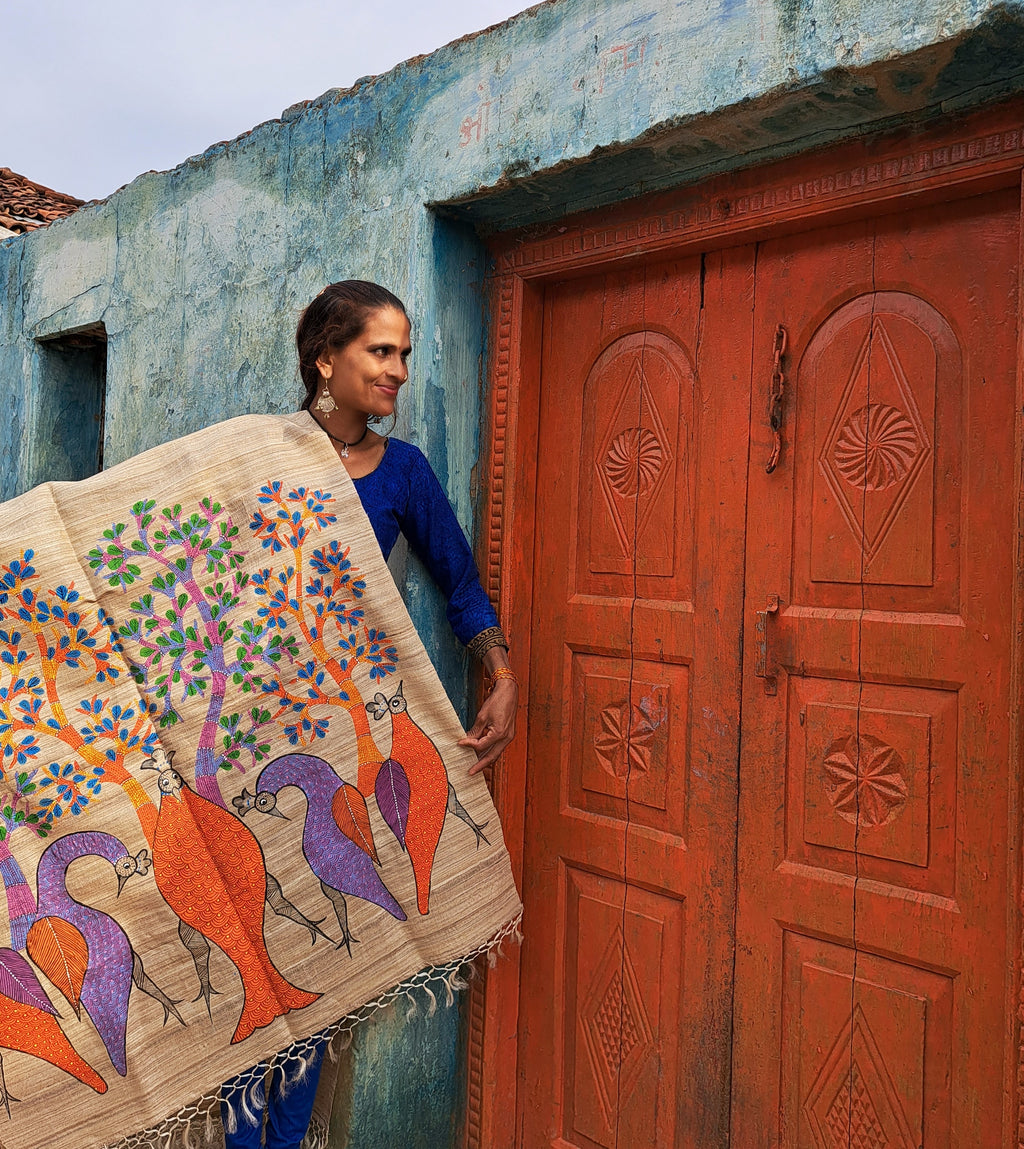Original Gond Handpainted Handloom Kosa Dupatta with Tassels