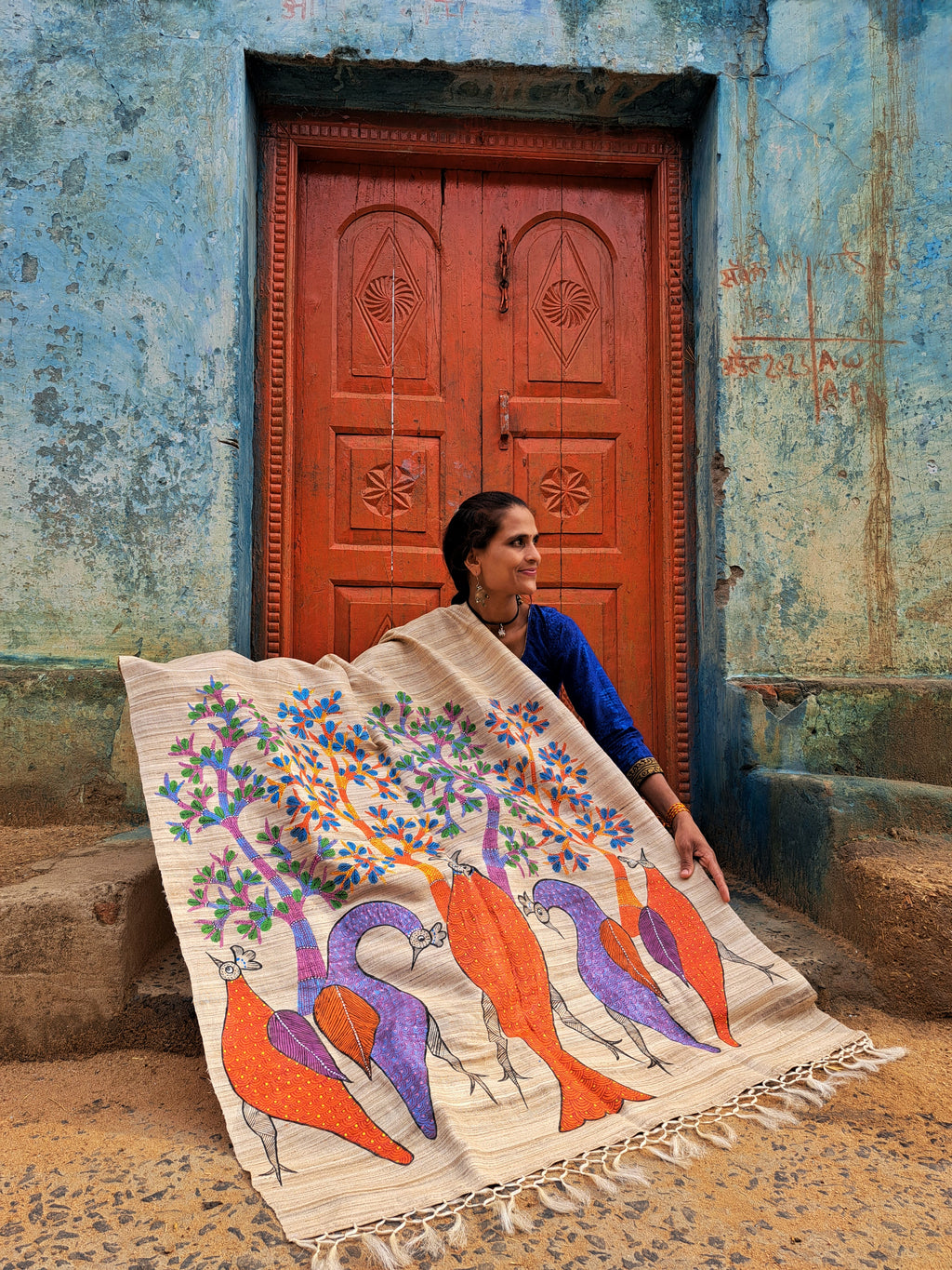 Original Gond Handpainted Handloom Kosa Dupatta with Tassels