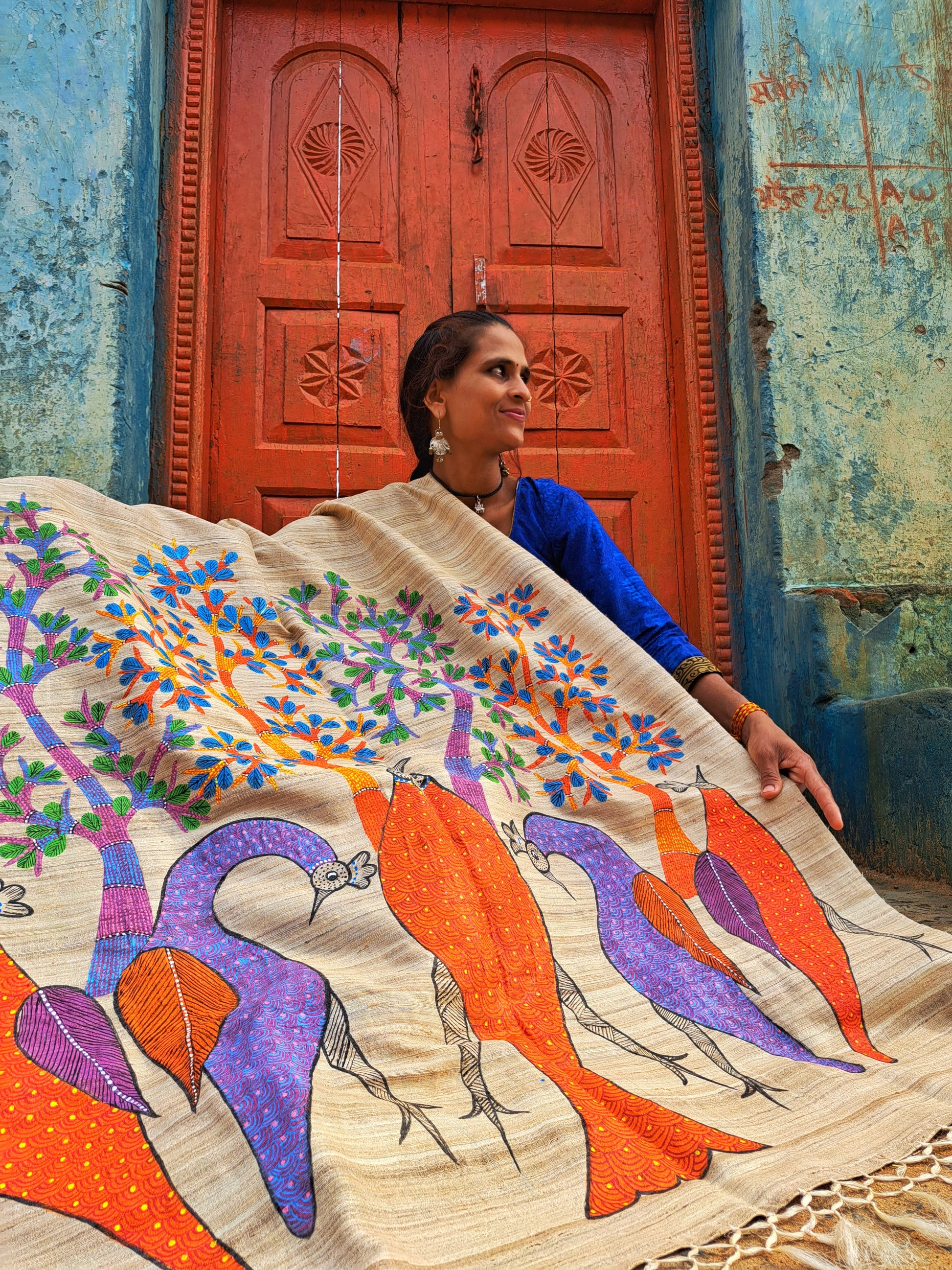 Original Gond Handpainted Handloom Kosa Dupatta with Tassels
