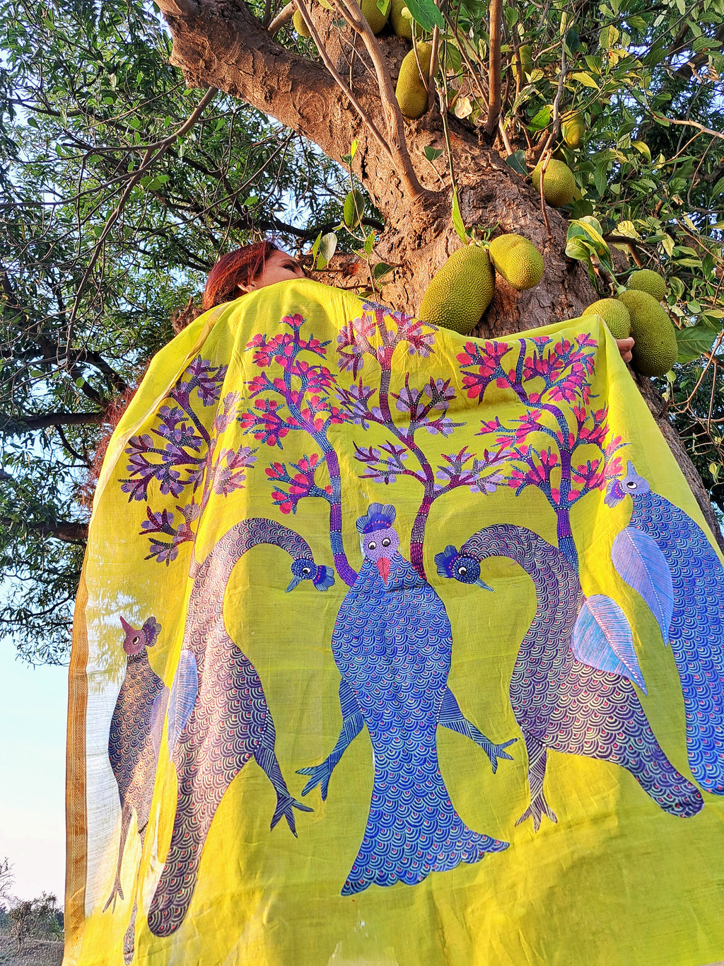 Original Gond Handpainted Handloom Maheshwari Silk Dupatta With Kosa silk Patch And Tassels
