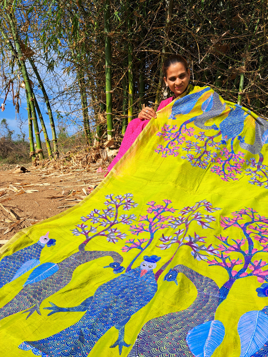 Original Gond Handpainted Handloom Maheshwari Silk Dupatta With Kosa silk Patch And Tassels