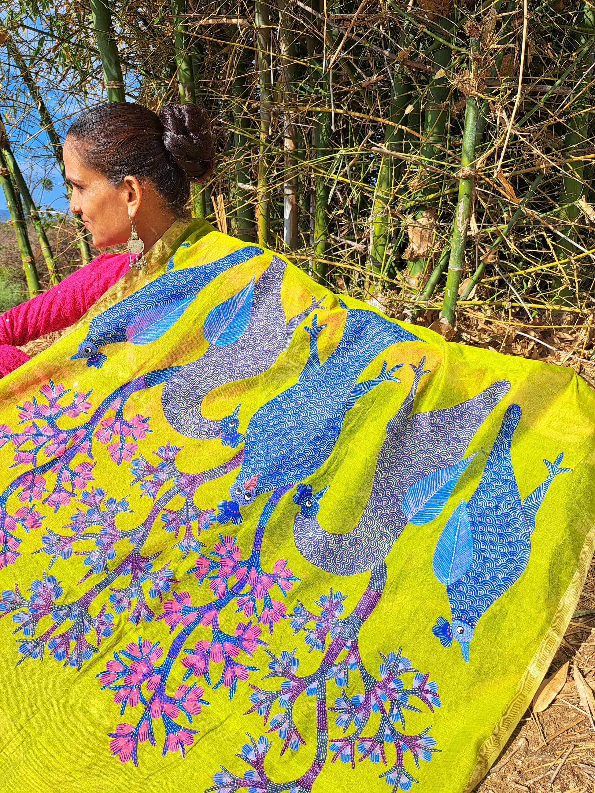 Original Gond Handpainted Handloom Maheshwari Silk Dupatta With Kosa silk Patch And Tassels