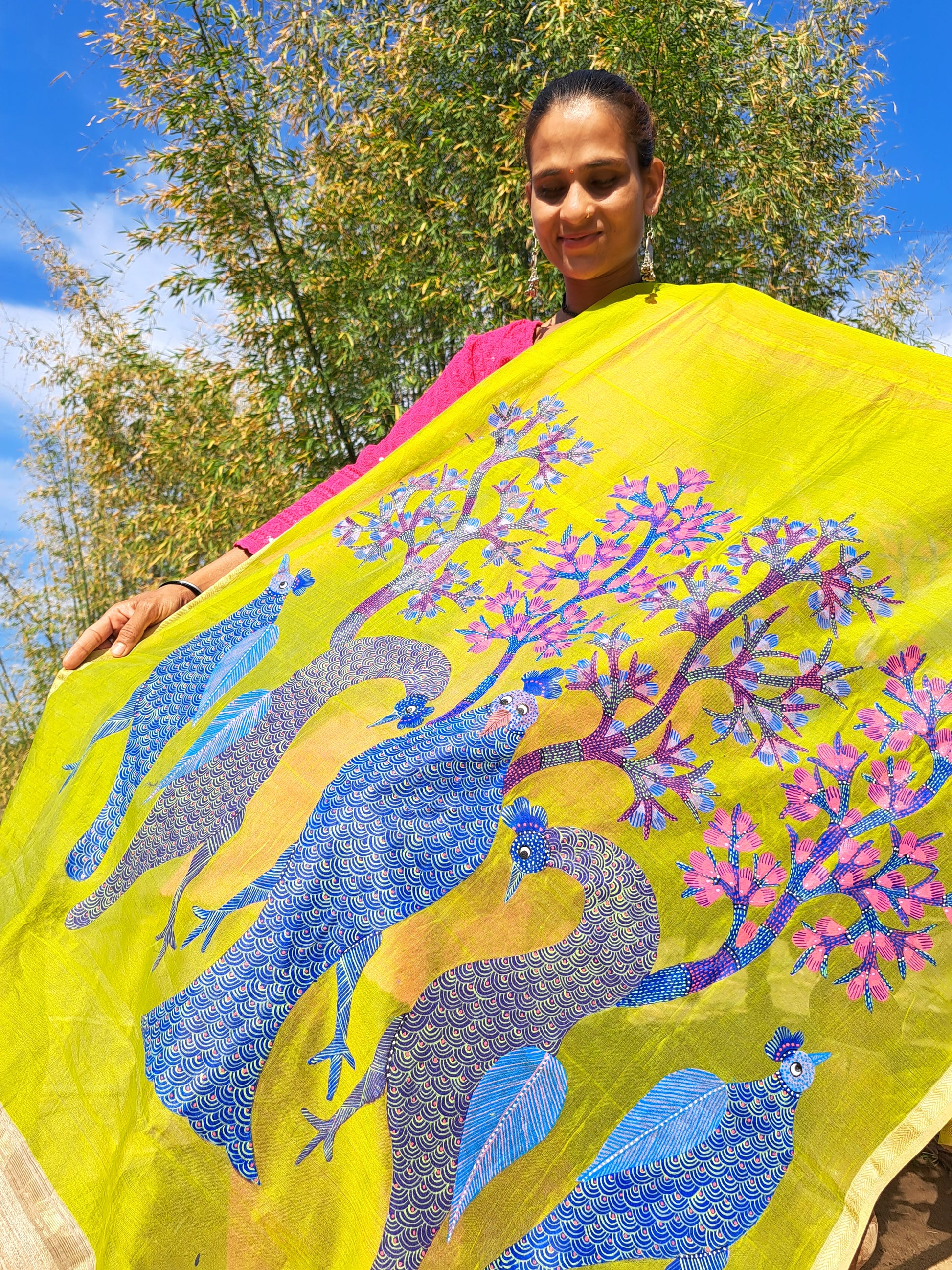 Original Gond Handpainted Handloom Maheshwari Silk Dupatta With Kosa silk Patch And Tassels