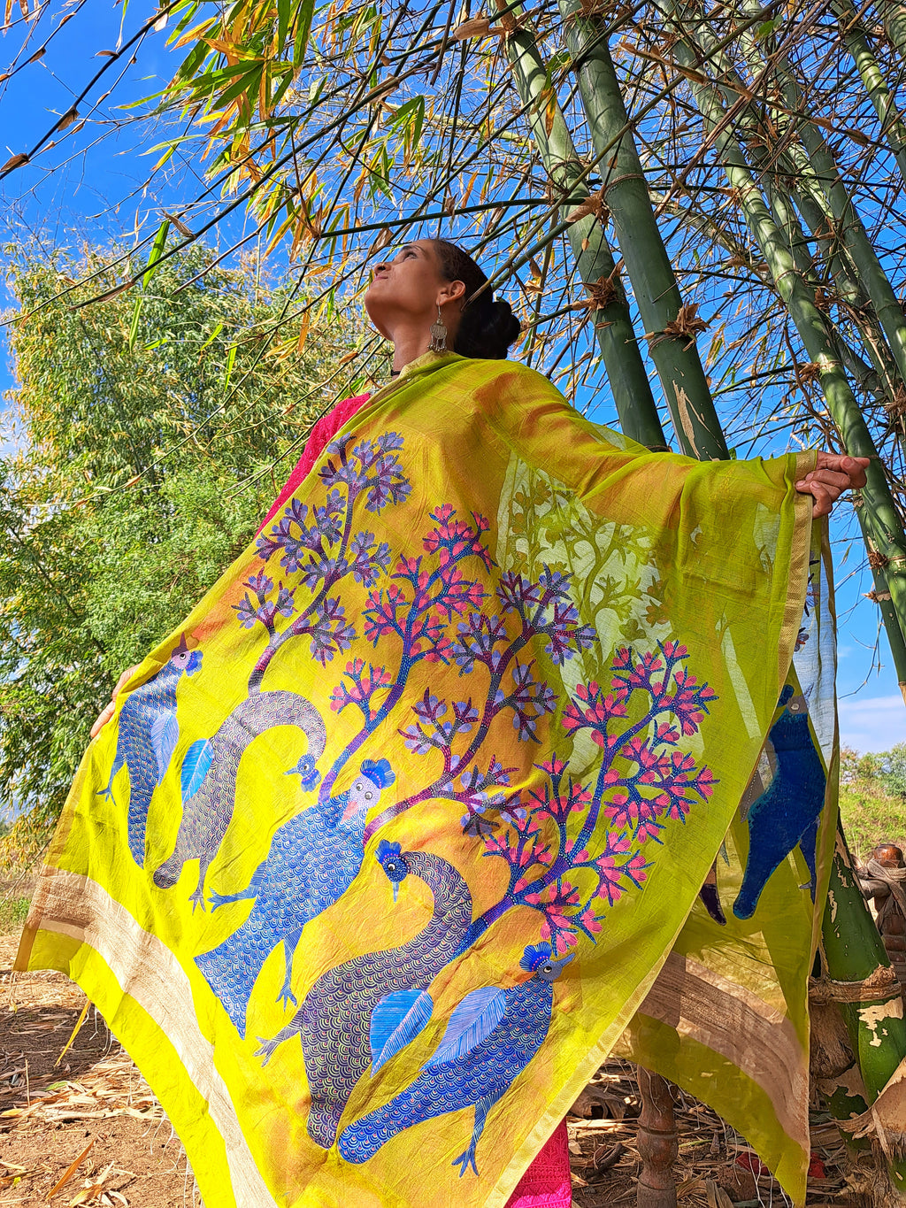 Original Gond Handpainted Handloom Maheshwari Silk Dupatta With Kosa silk Patch And Tassels
