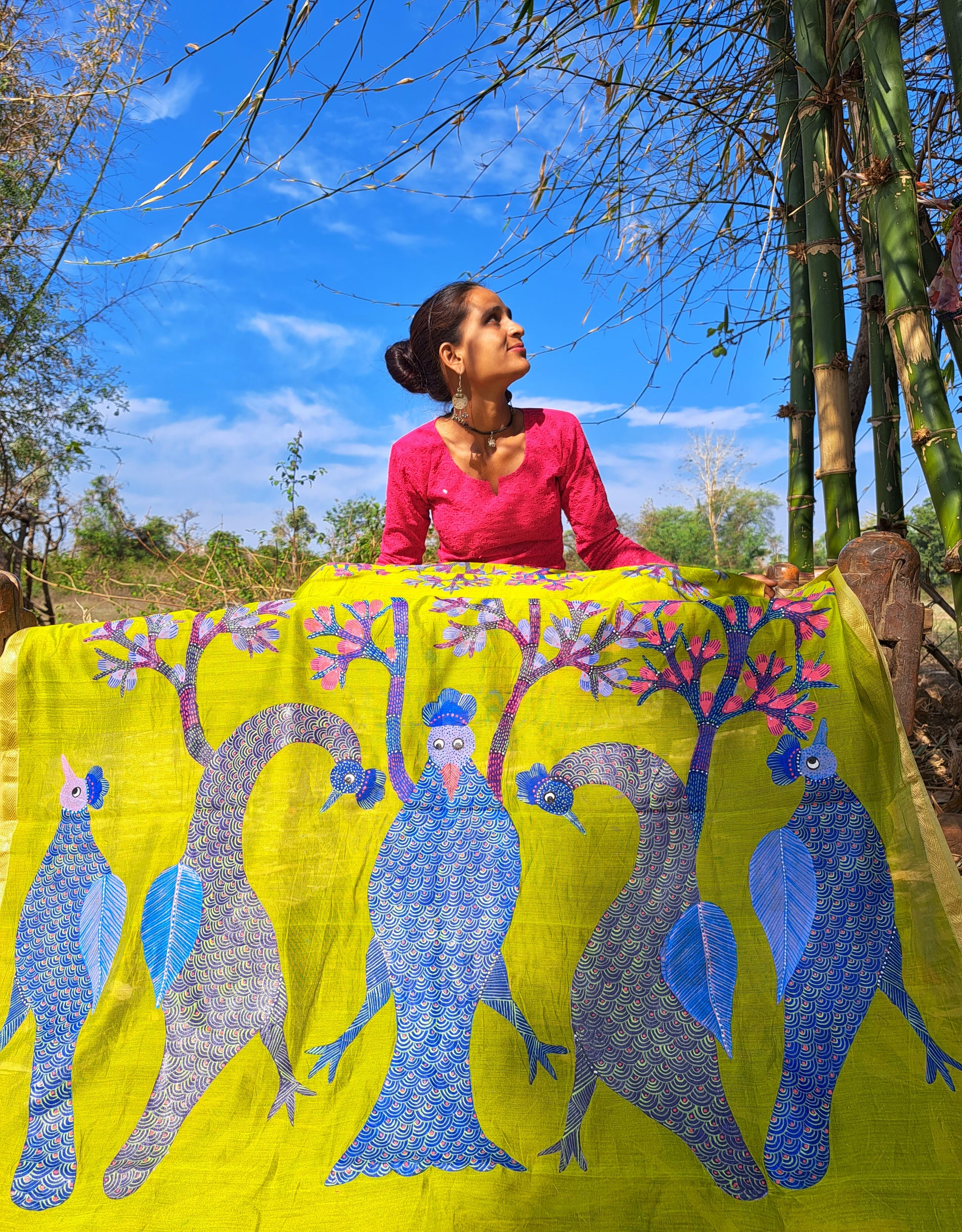 Original Gond Handpainted Handloom Maheshwari Silk Dupatta With Kosa silk Patch And Tassels