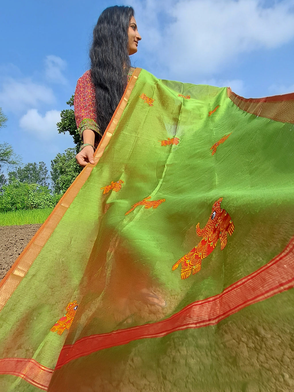 Original Gond Handpainted Handloom Maheshwari Silk Stole With Tassels
