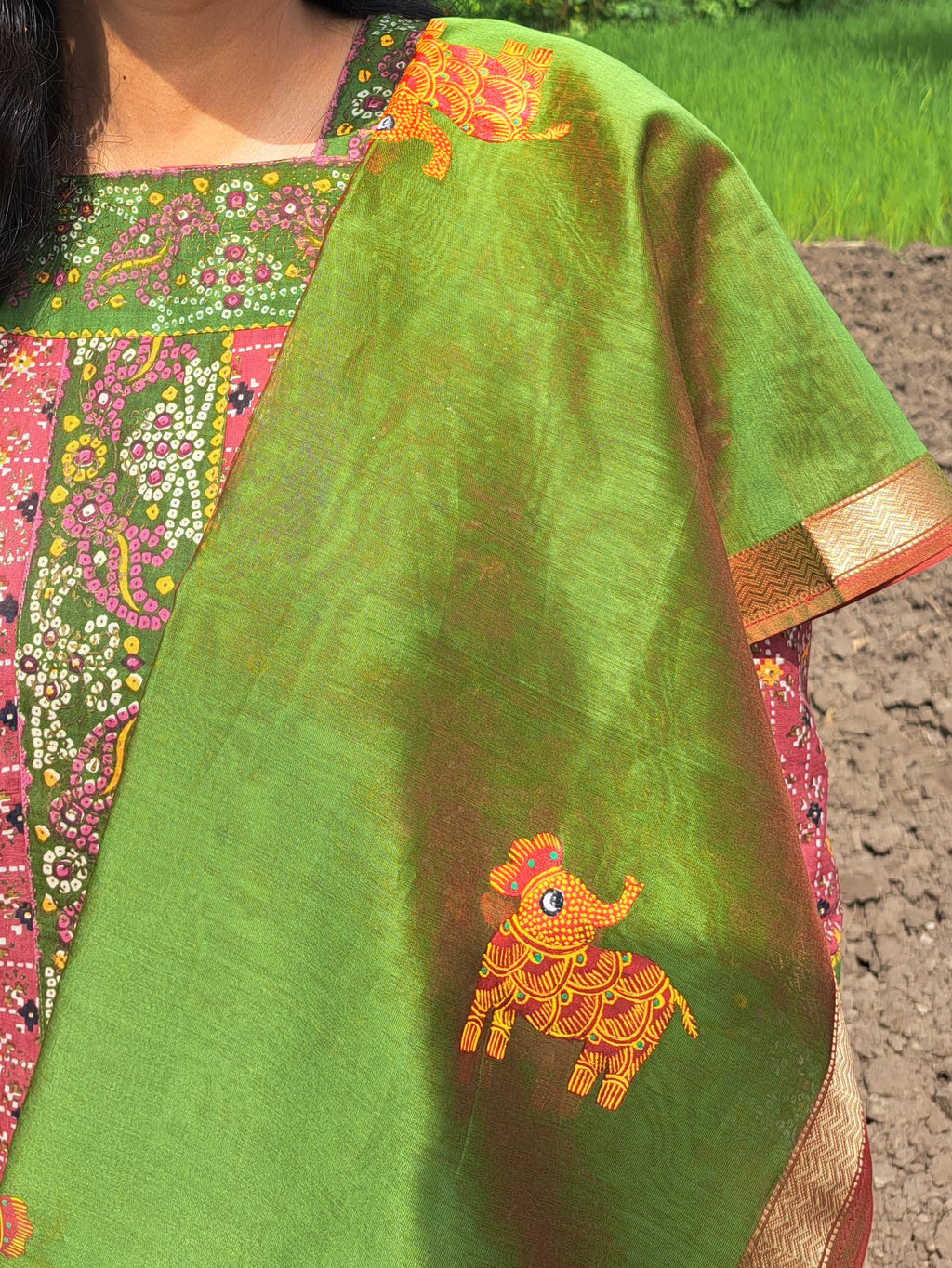 Original Gond Handpainted Handloom Maheshwari Silk Stole With Tassels
