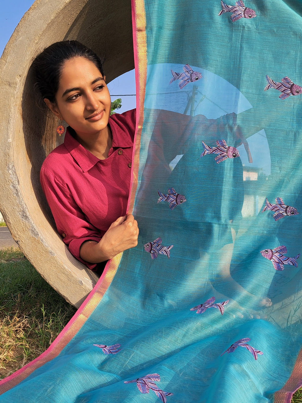 Original Gond Handpainted Handloom Maheshwari Silk Stole With Tassels