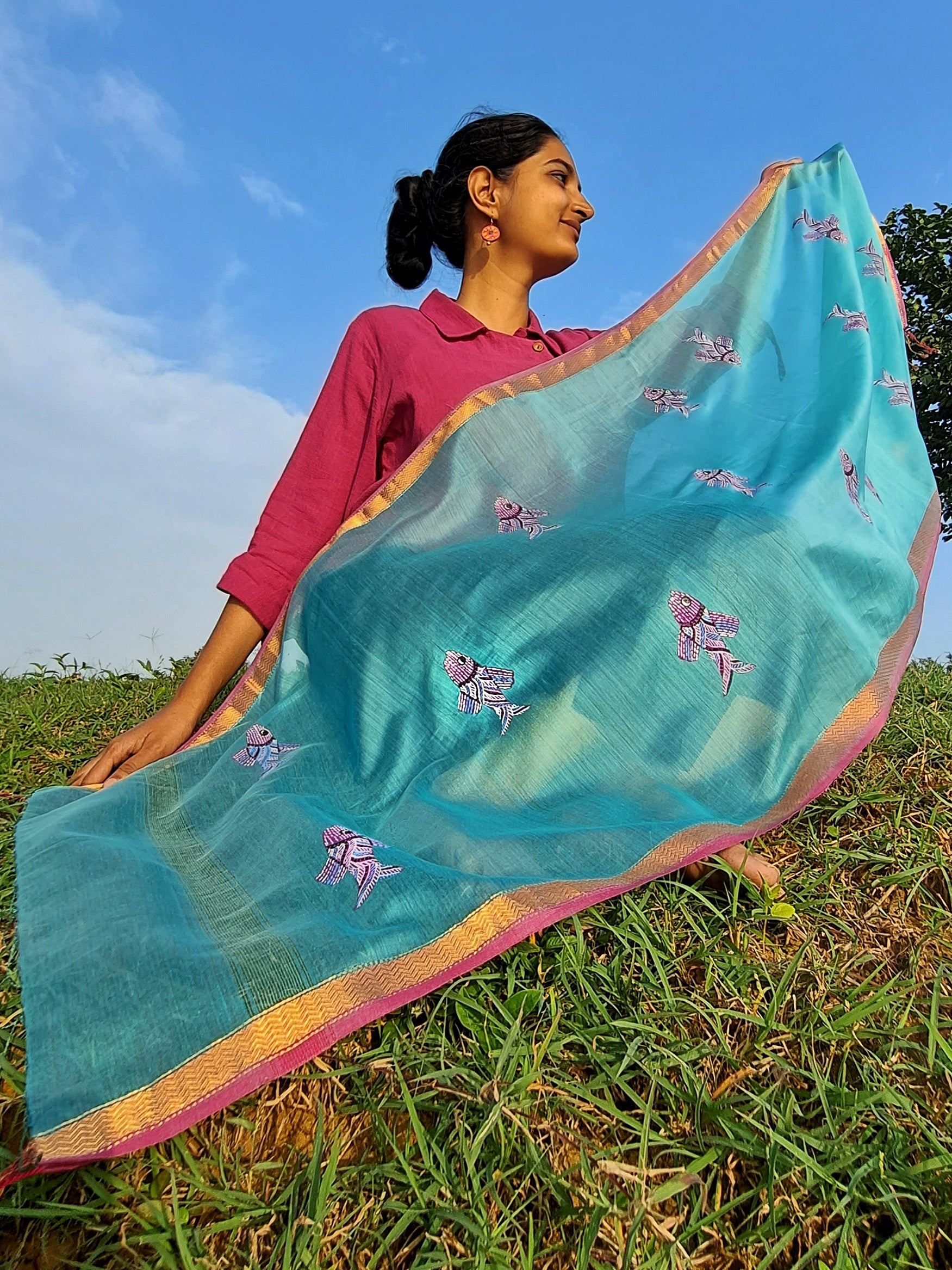 Original Gond Handpainted Handloom Maheshwari Silk Stole With Tassels