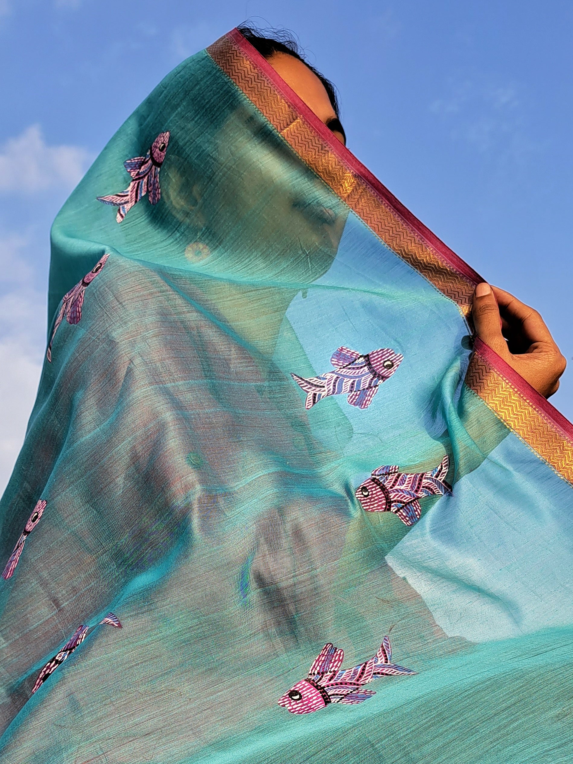 Original Gond Handpainted Handloom Maheshwari Silk Stole With Tassels