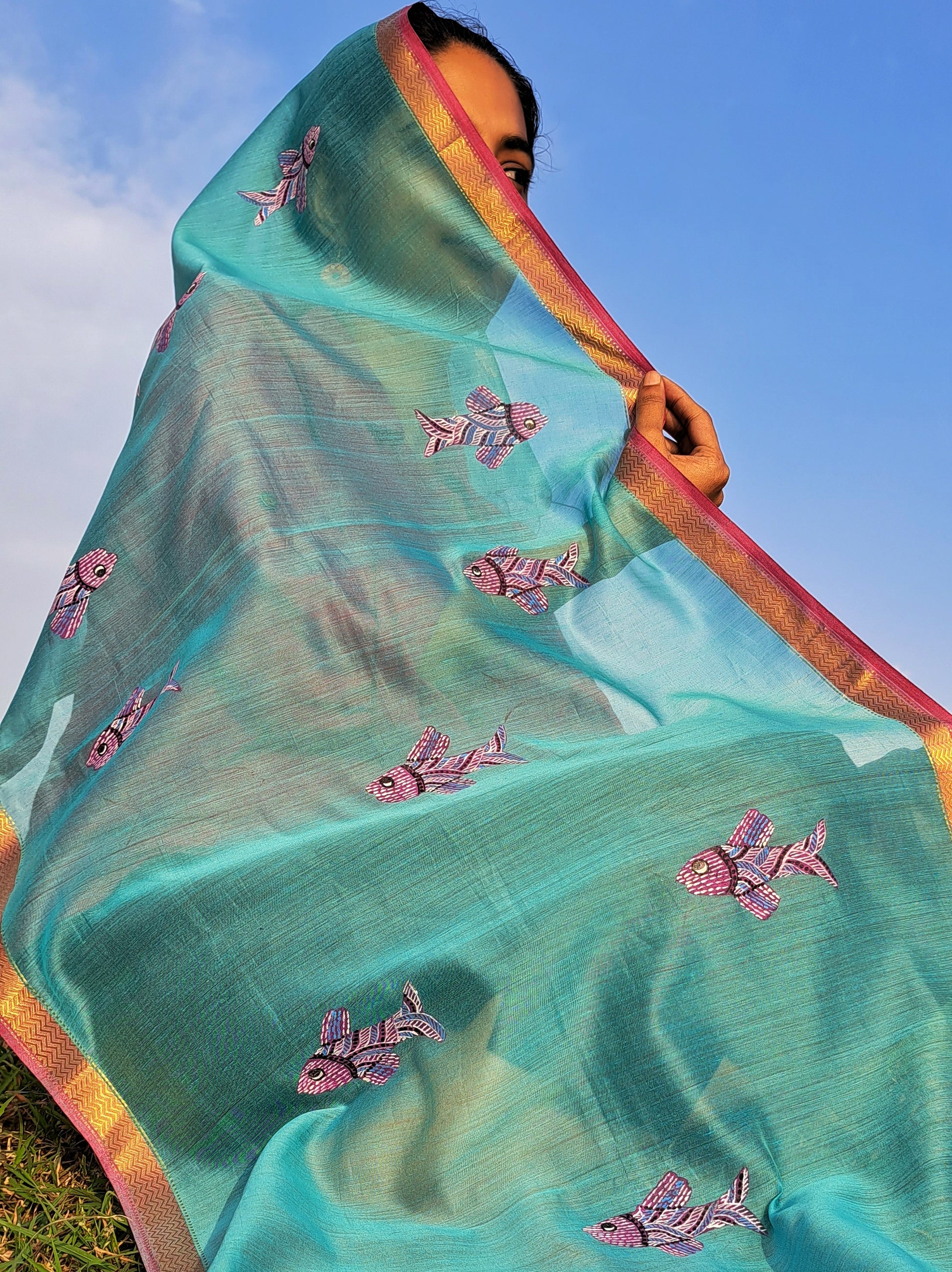 Original Gond Handpainted Handloom Maheshwari Silk Stole With Tassels
