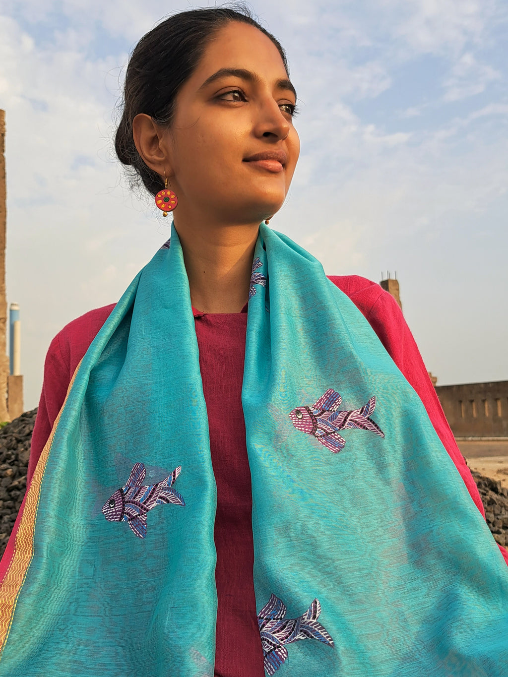 Original Gond Handpainted Handloom Maheshwari Silk Stole With Tassels