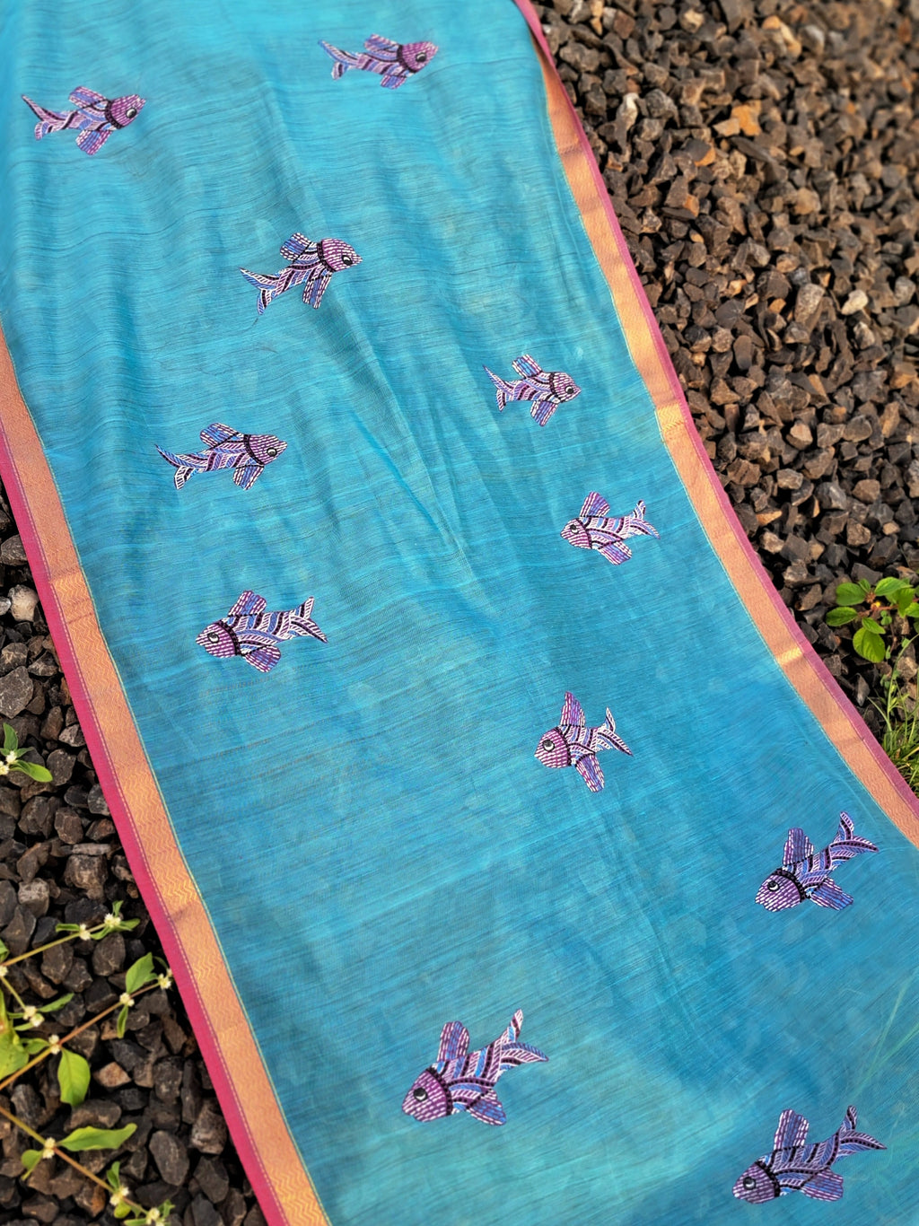 Original Gond Handpainted Handloom Maheshwari Silk Stole With Tassels