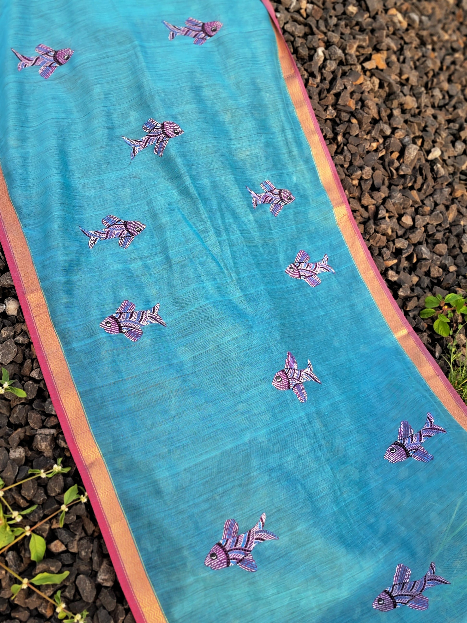 Original Gond Handpainted Handloom Maheshwari Silk Stole With Tassels