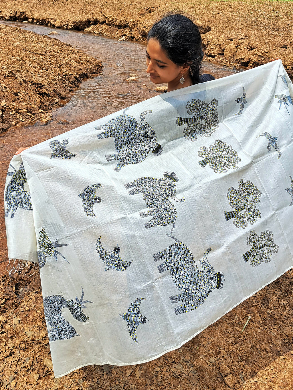 Original Gond Handpainted Handloom Maheshwari Silk Dupatta With Tassels