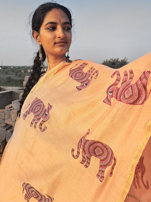Original Bhil Hand painted Chanderi Stole