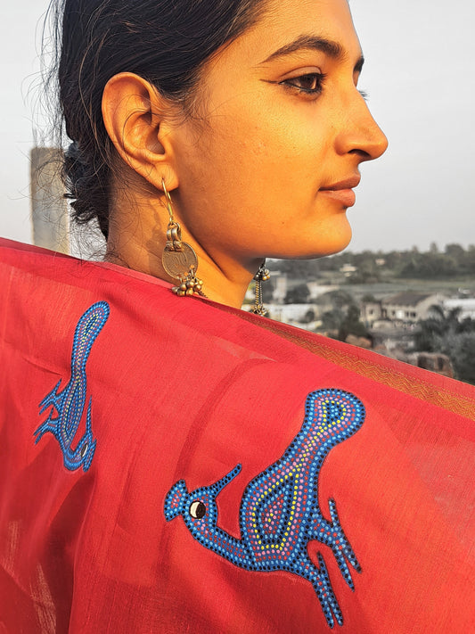 Original Bhil Handpainted Handloom Maheshwari Silk Stole With Tassels