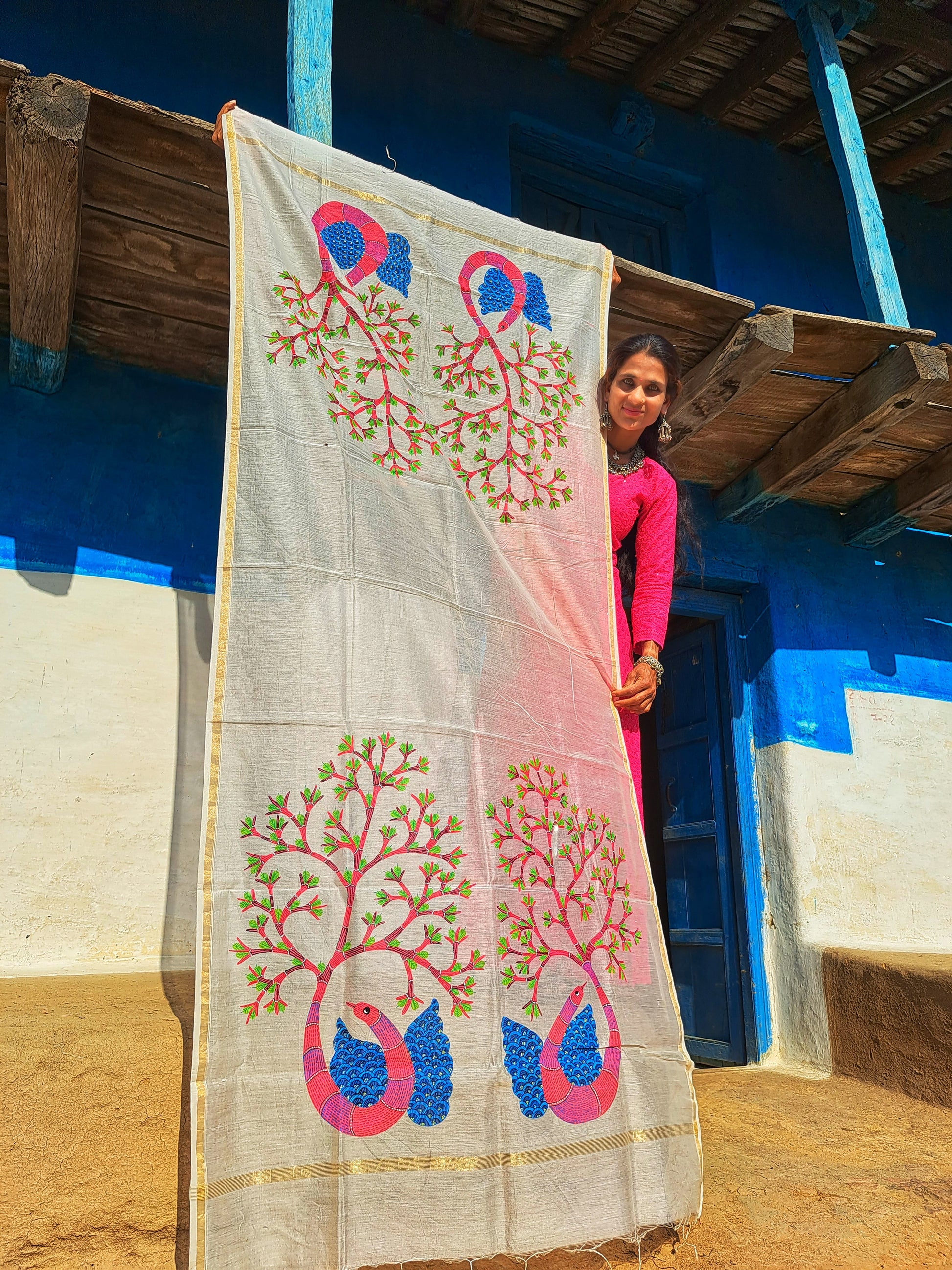 Original Gond Handpainted Handloom Maheshwari Silk Zari Work Dupatta With Tassels