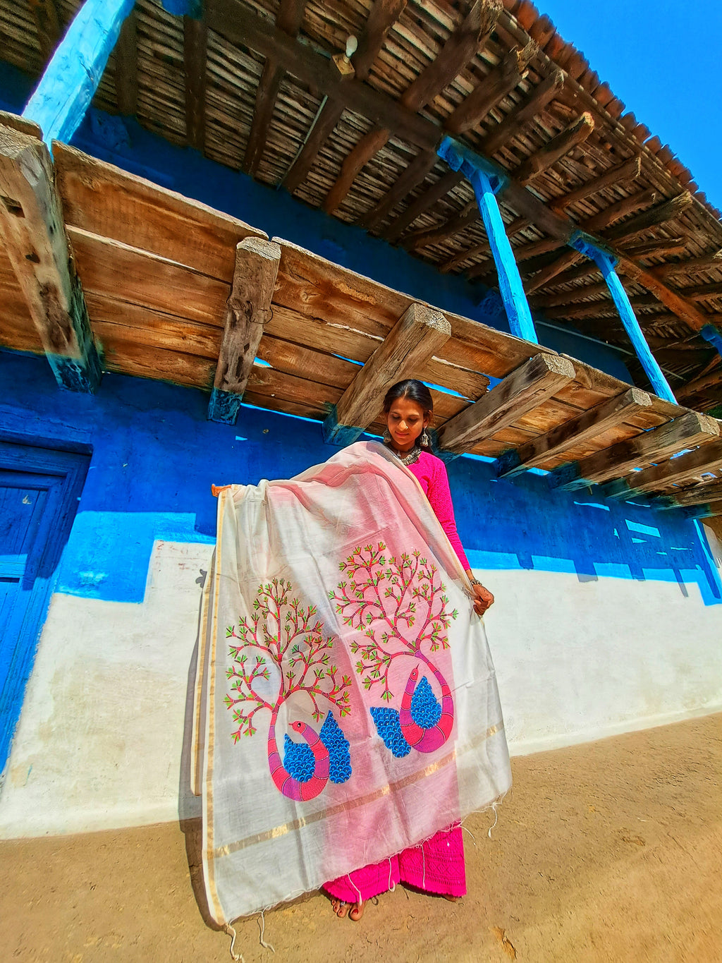 Original Gond Handpainted Handloom Maheshwari Silk Zari Work Dupatta With Tassels