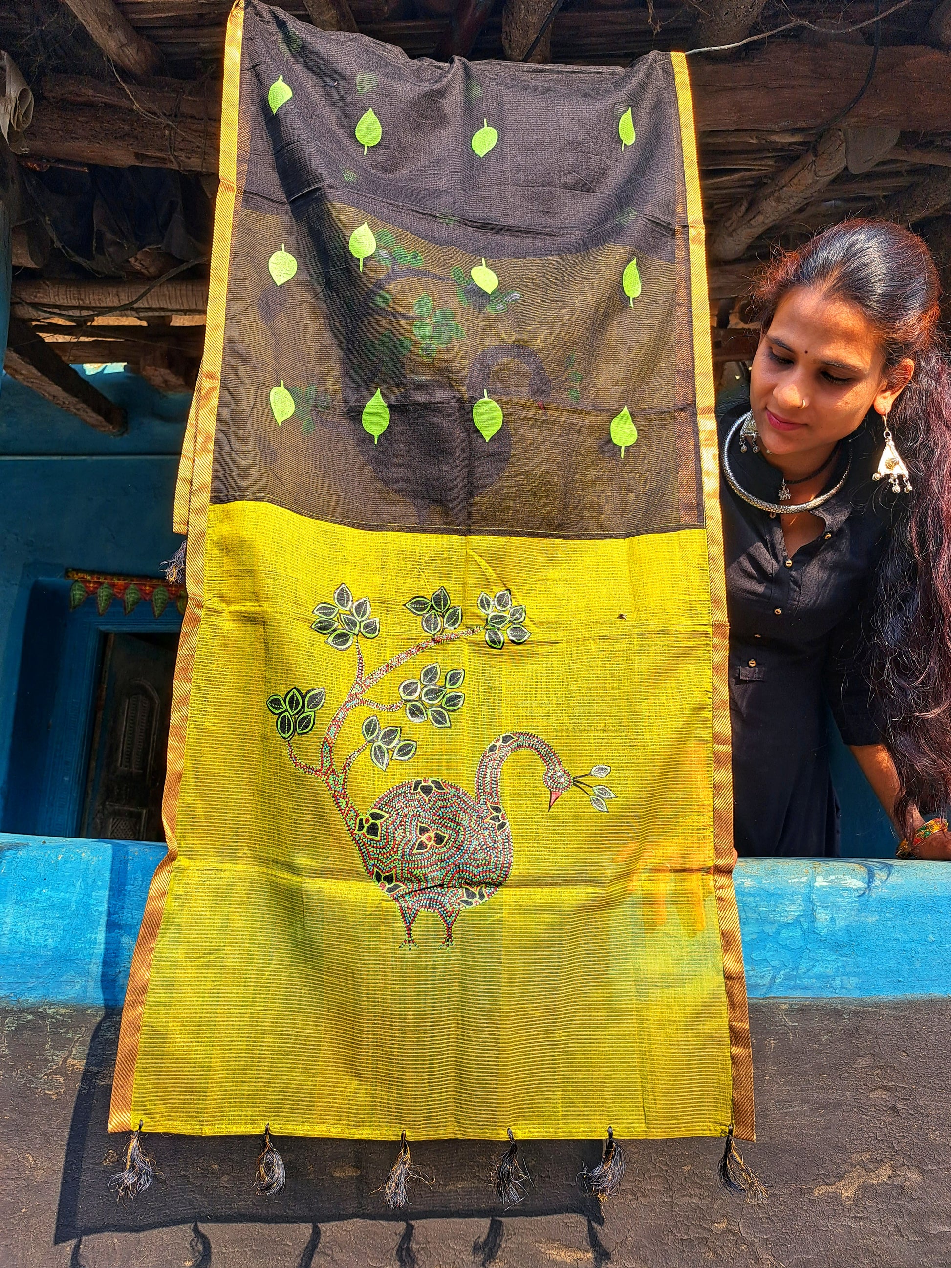 Original Bhil Handpainted Handloom Maheshwari Silk Stole With Tassels