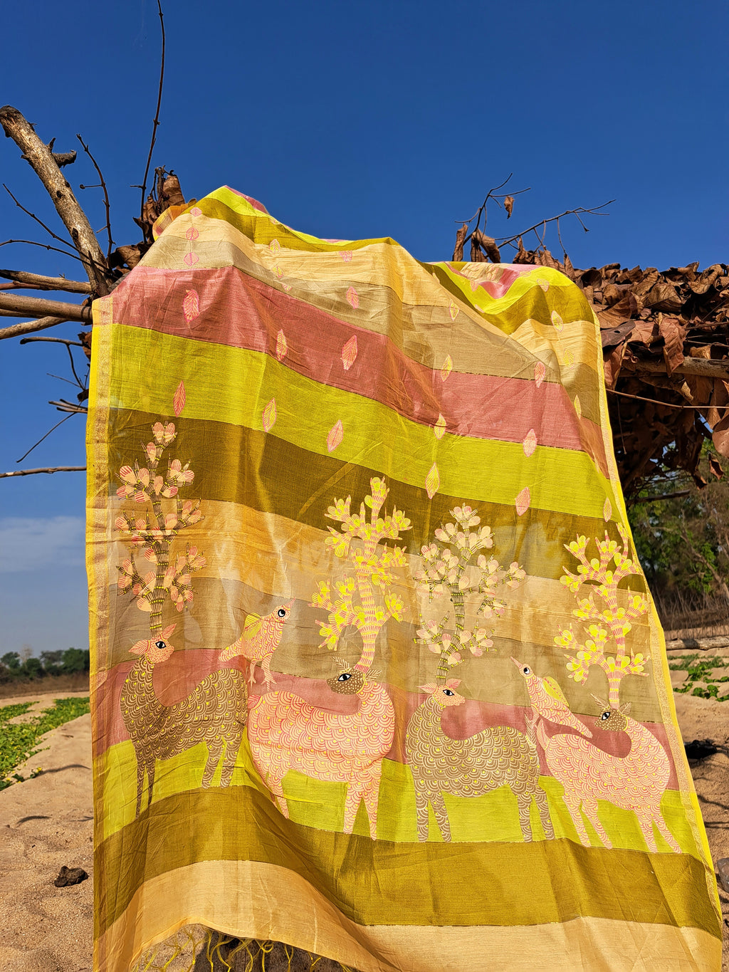 Original Gond Handpainted Handloom Maheshwari Silk Zari Work Dupatta with Tassels