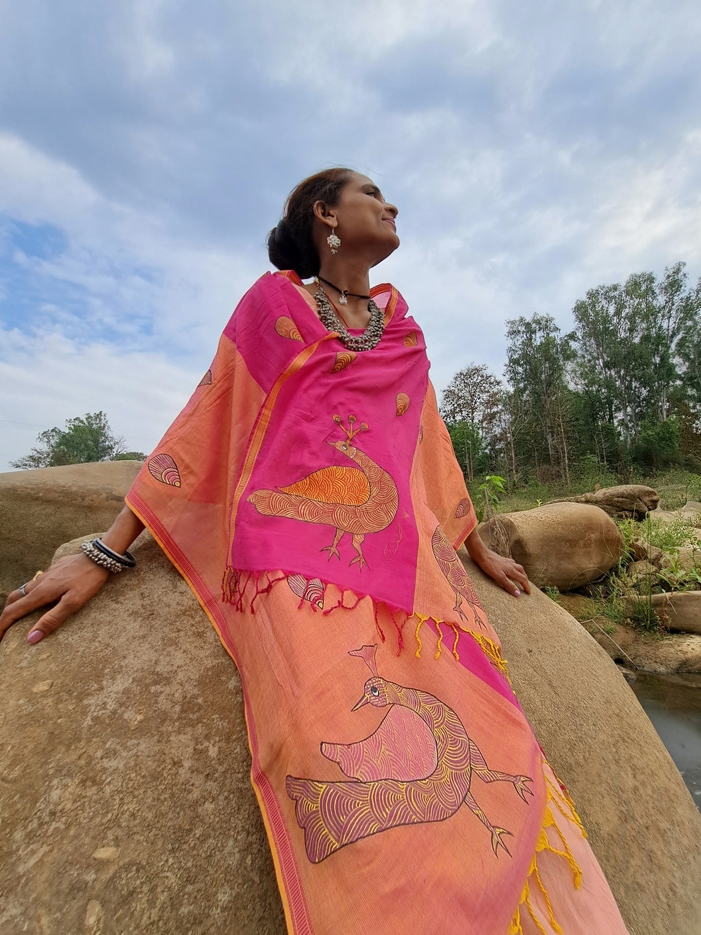 Original Gond Handpainted Handloom Maheshwari Cotton Stole With Tassels